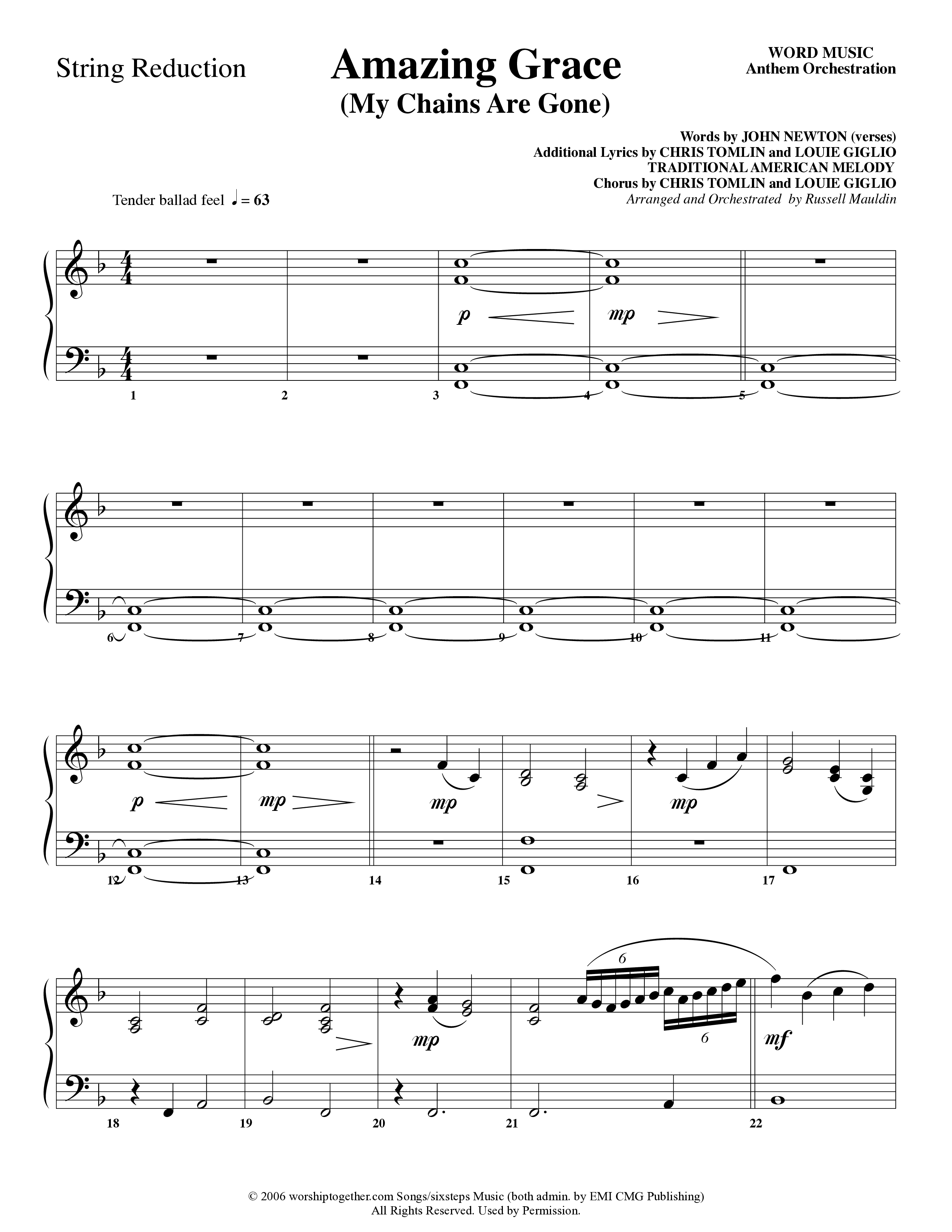 Amazing Grace (My Chains Are Gone) (Choral Anthem SATB) String Reduction (Word Music Choral / Arr. Russell Mauldin)