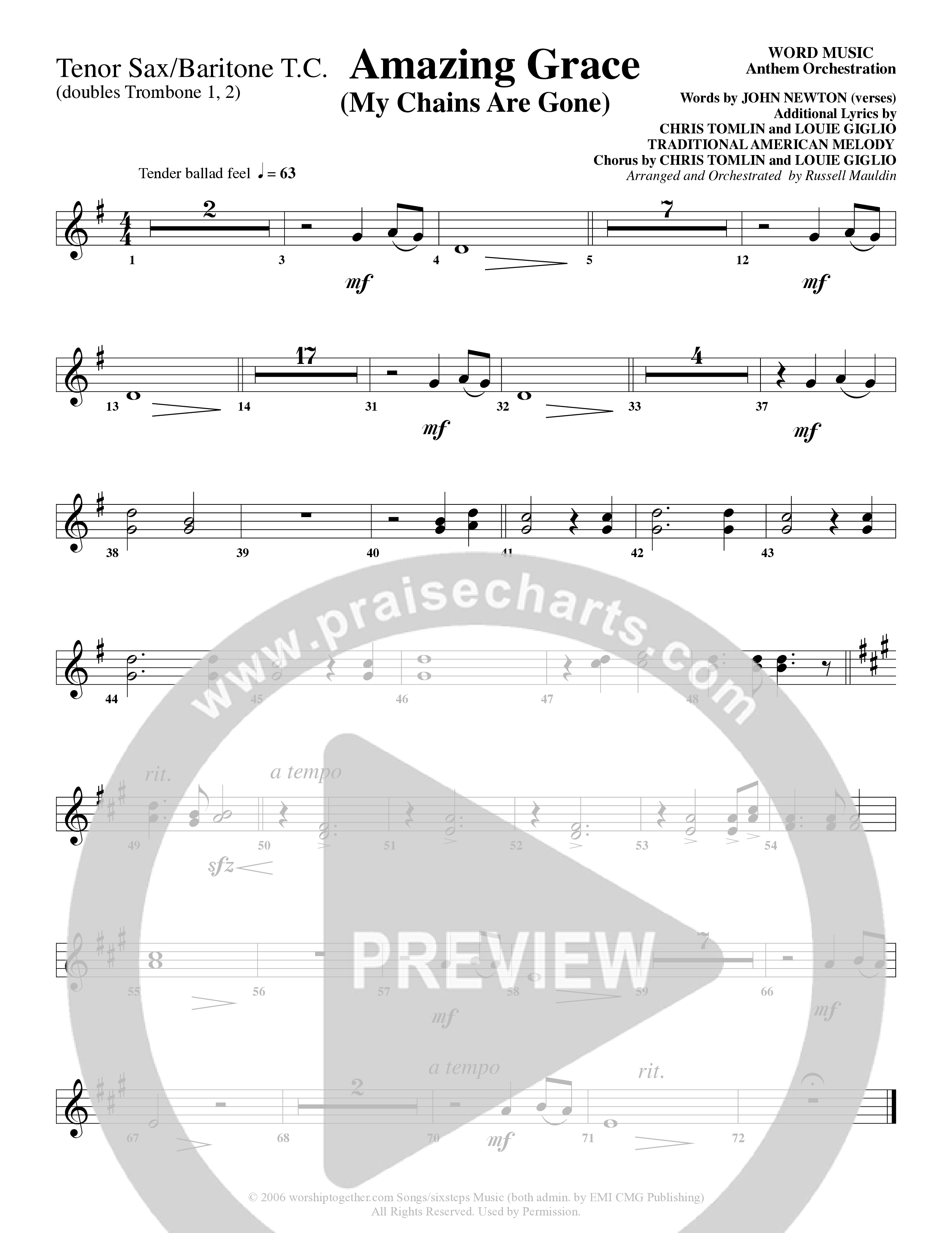 Amazing Grace (My Chains Are Gone) (Choral Anthem SATB) Tenor Sax/Baritone T.C. (Word Music Choral / Arr. Russell Mauldin)