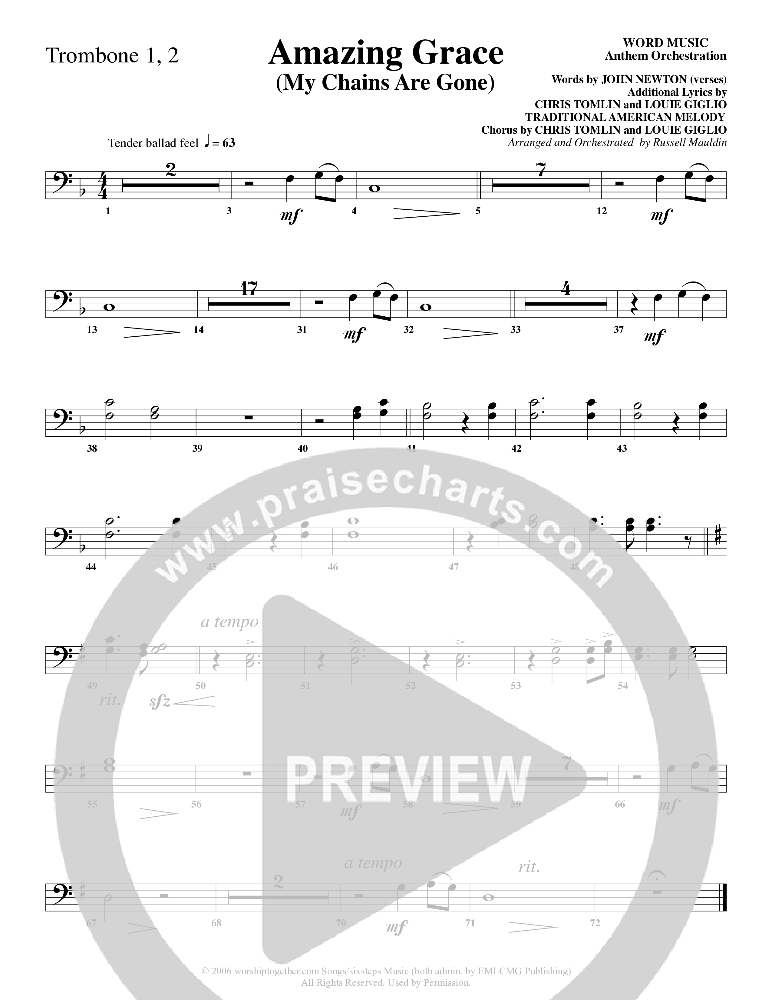 Amazing Grace (My Chains Are Gone) (Choral Anthem SATB) Trombone 1/2 (Word Music Choral / Arr. Russell Mauldin)