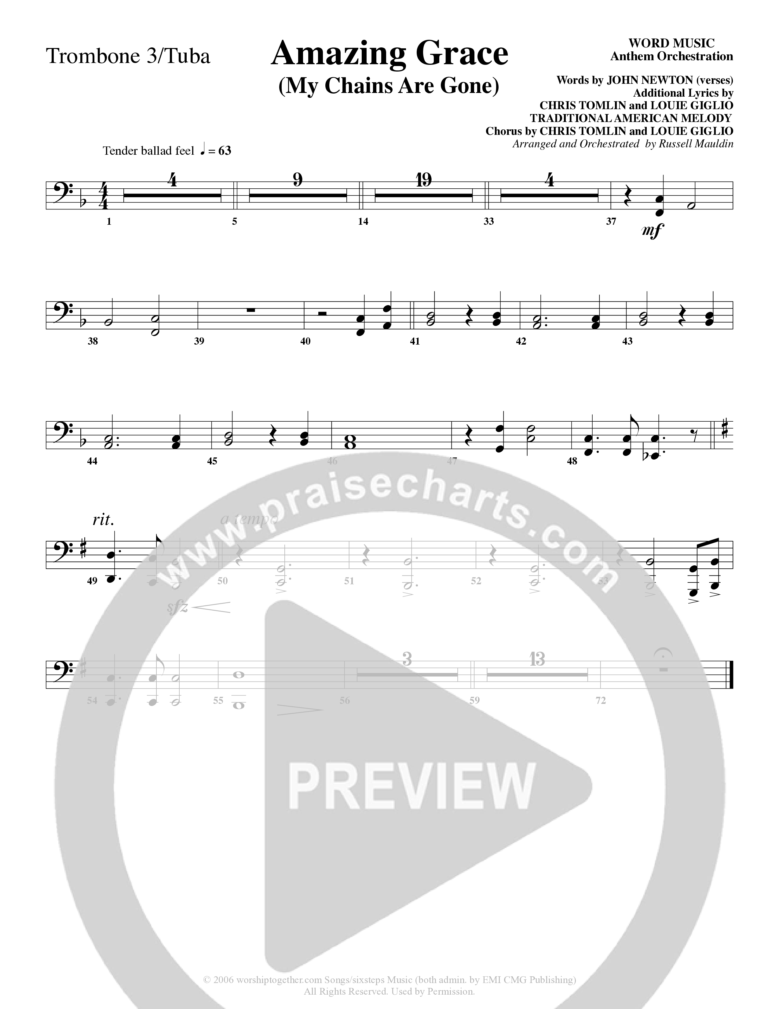 Amazing Grace (My Chains Are Gone) (Choral Anthem SATB) Trombone 3/Tuba (Word Music Choral / Arr. Russell Mauldin)