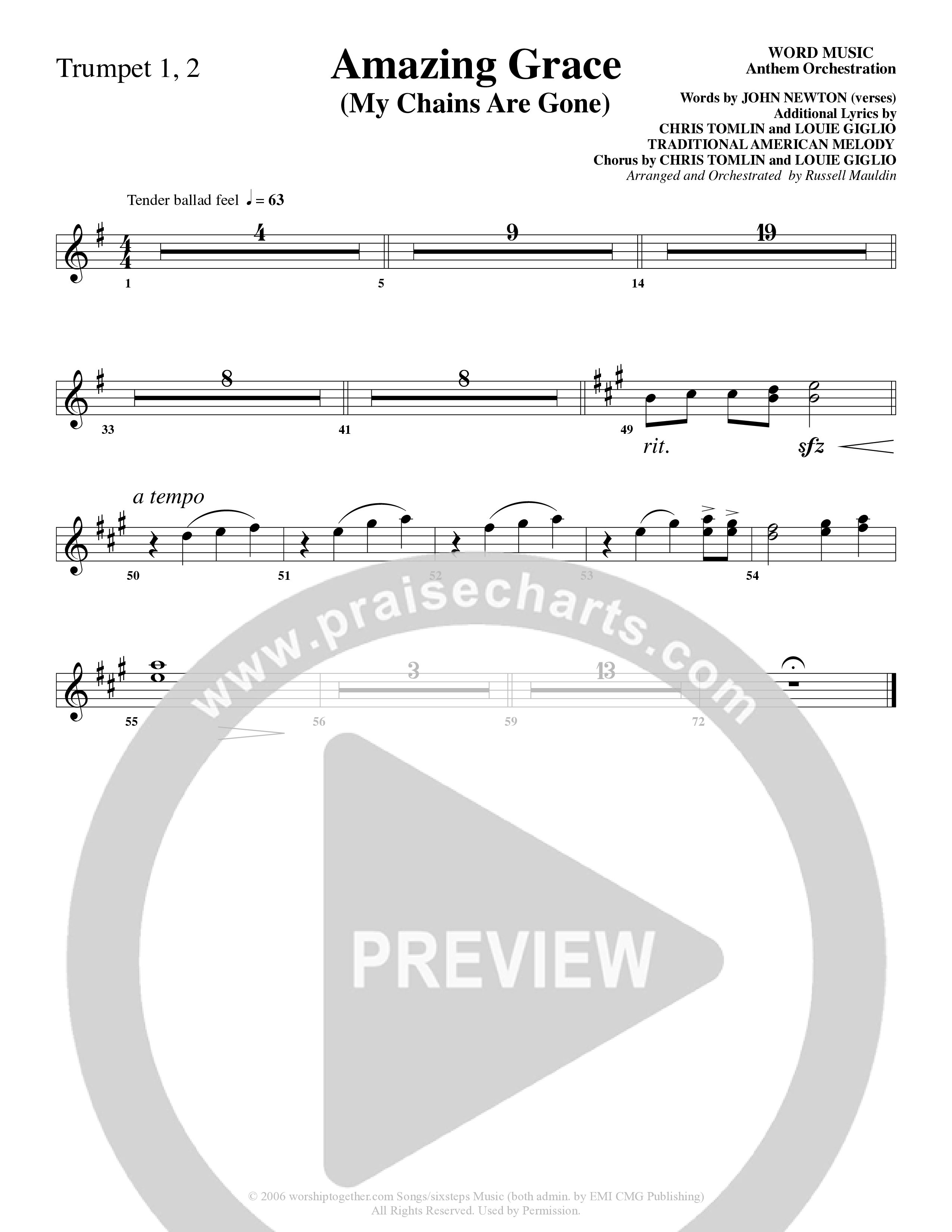 Amazing Grace (My Chains Are Gone) (Choral Anthem SATB) Trumpet 1,2 (Word Music Choral / Arr. Russell Mauldin)