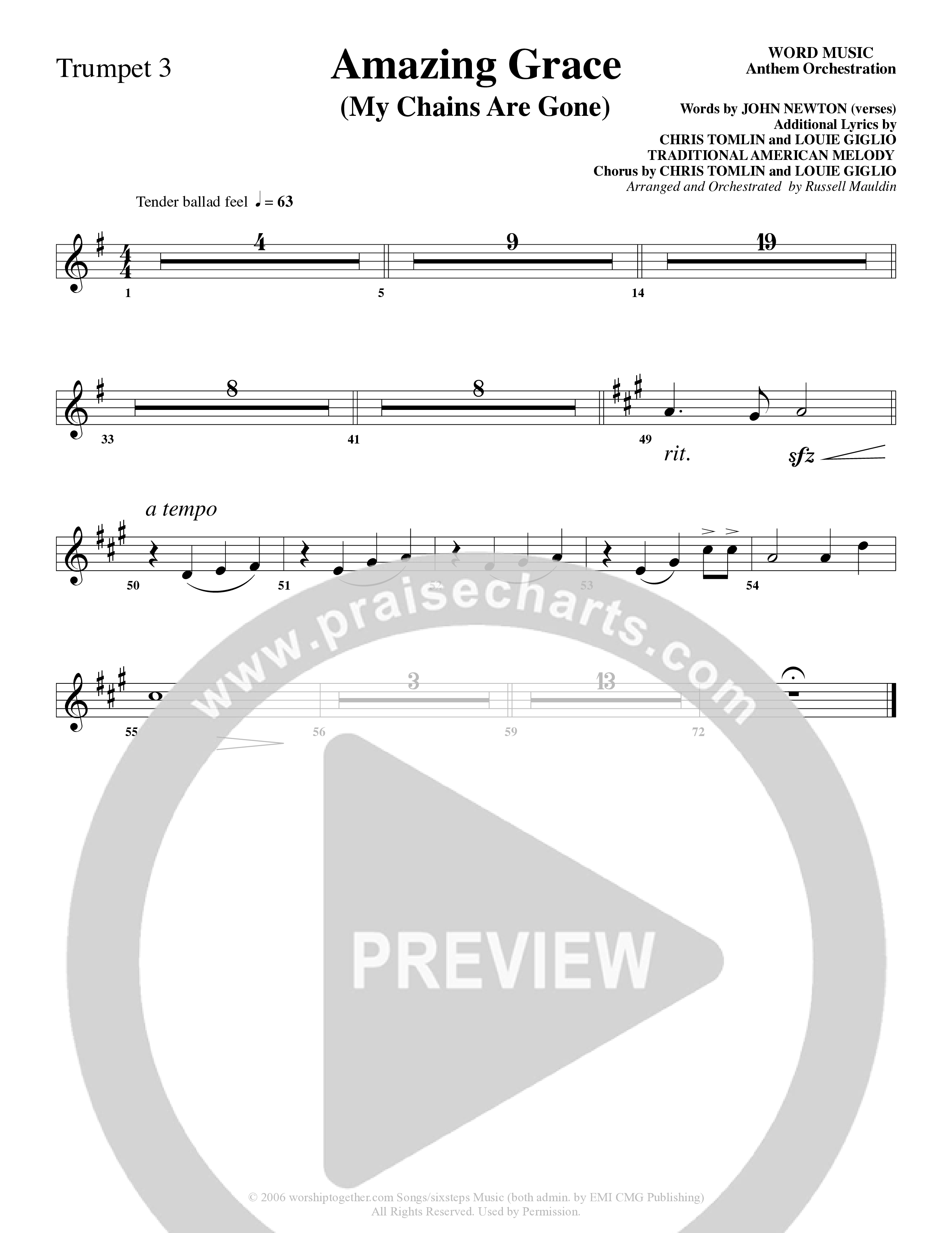 Amazing Grace (My Chains Are Gone) (Choral Anthem SATB) Trumpet 3 (Word Music Choral / Arr. Russell Mauldin)