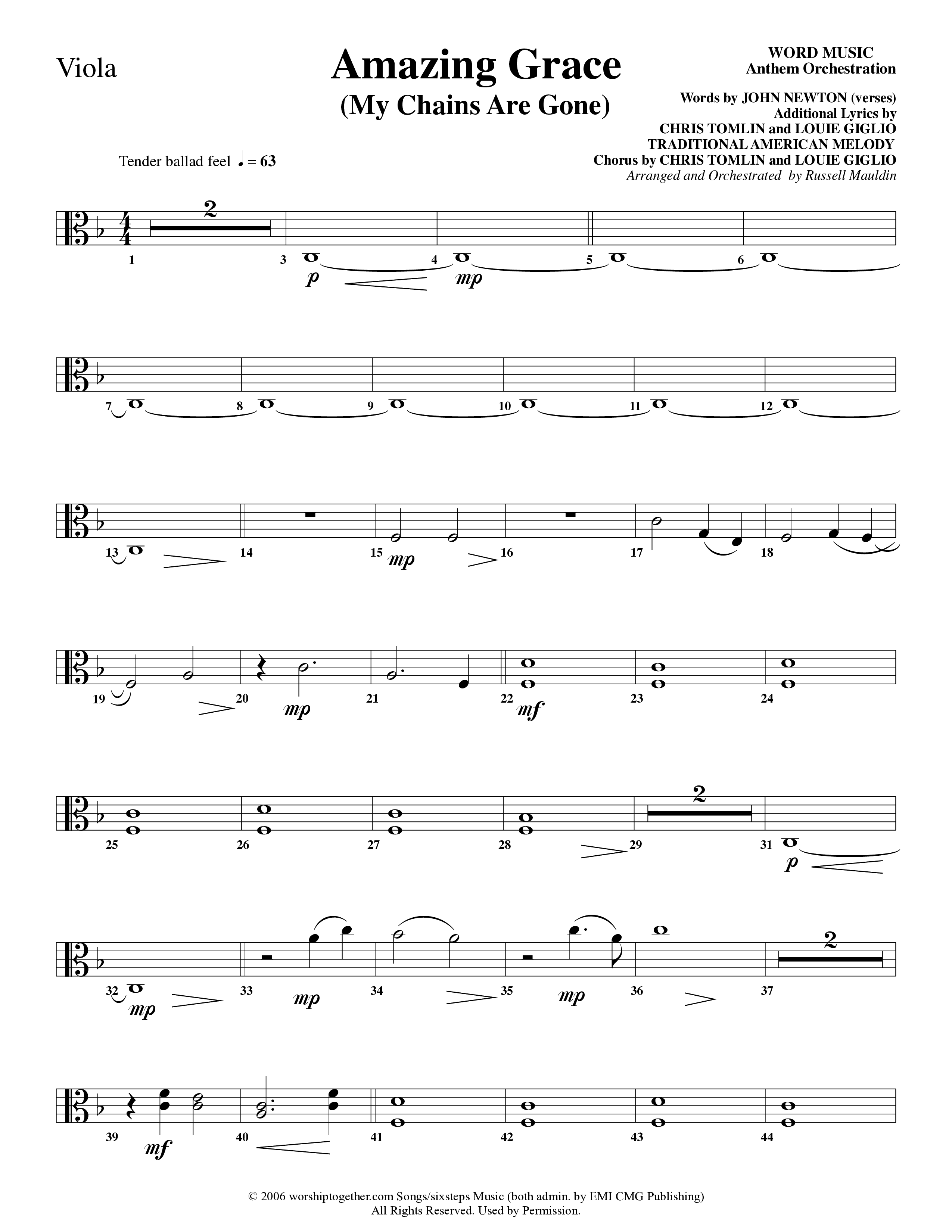 Amazing Grace (My Chains Are Gone) (Choral Anthem SATB) Viola (Word Music Choral / Arr. Russell Mauldin)