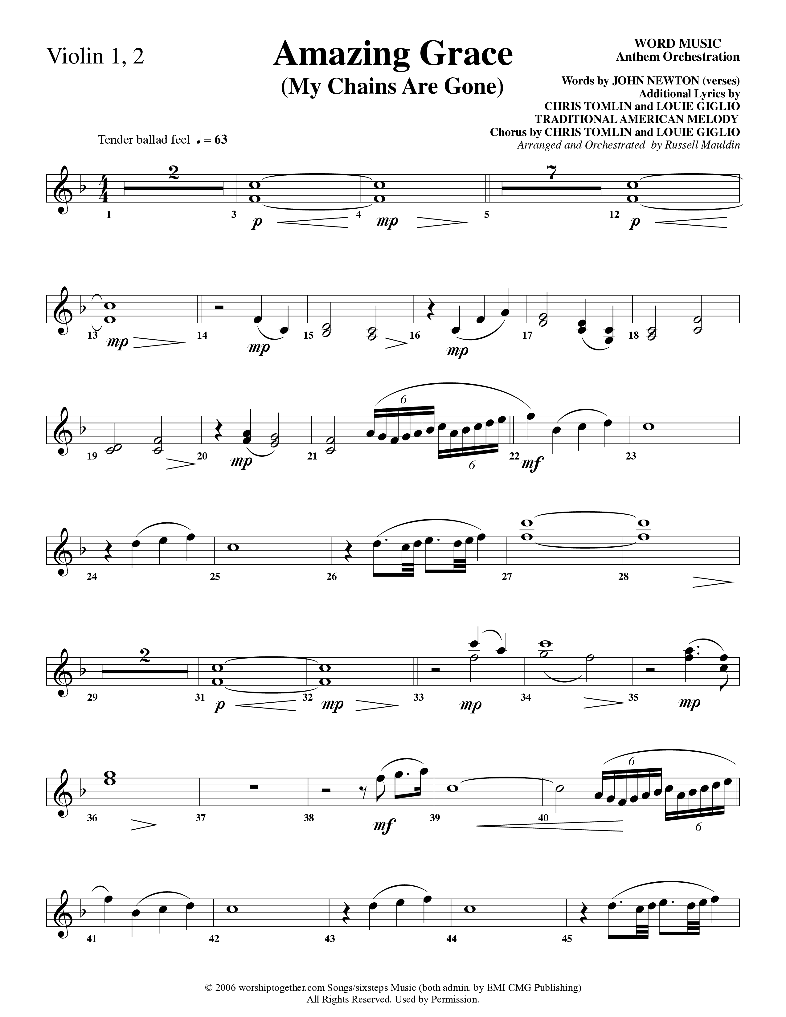 Amazing Grace (My Chains Are Gone) (Choral Anthem SATB) Violin 1/2 (Word Music Choral / Arr. Russell Mauldin)