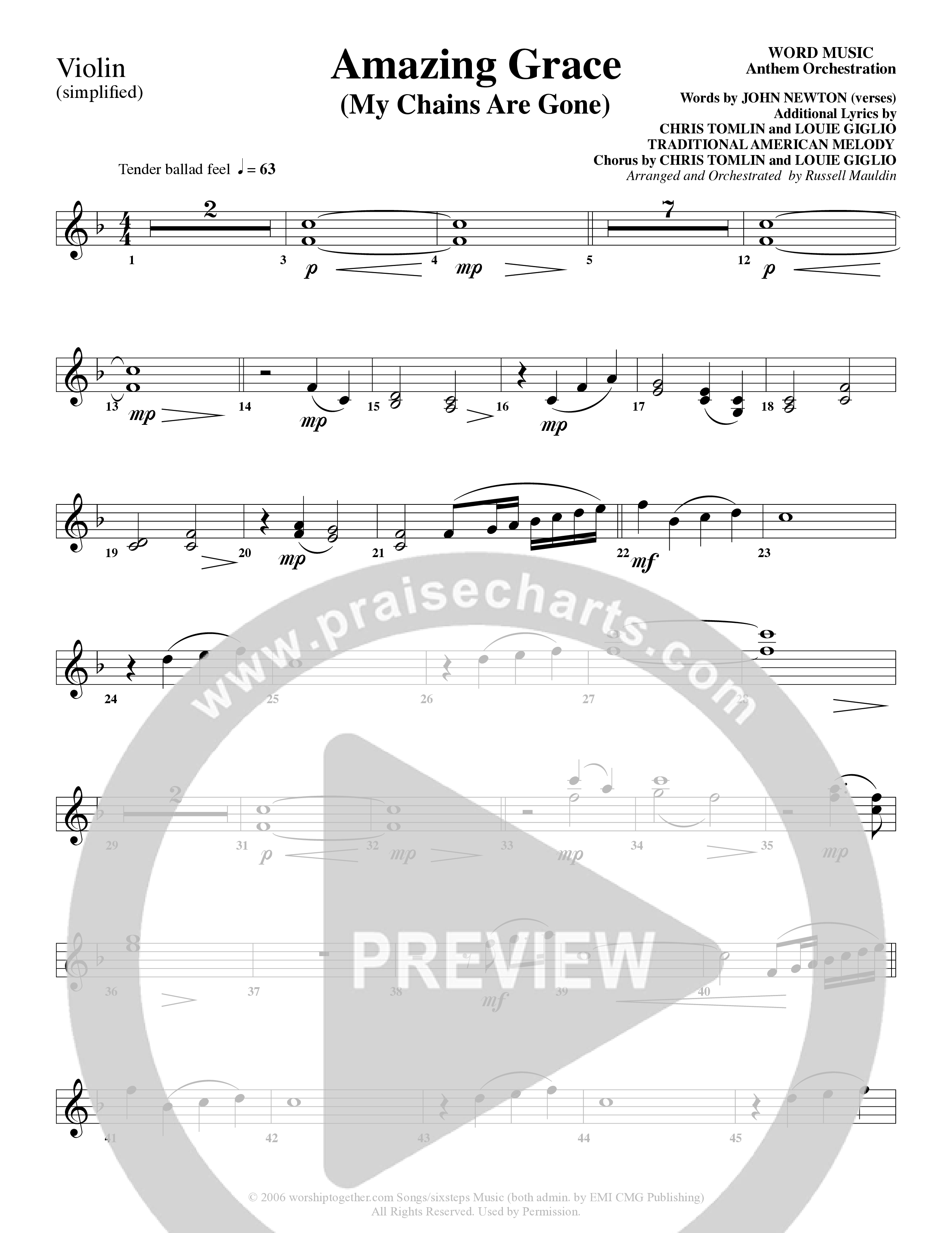 Amazing Grace (My Chains Are Gone) (Choral Anthem SATB) Violin 1/2 (Word Music Choral / Arr. Russell Mauldin)