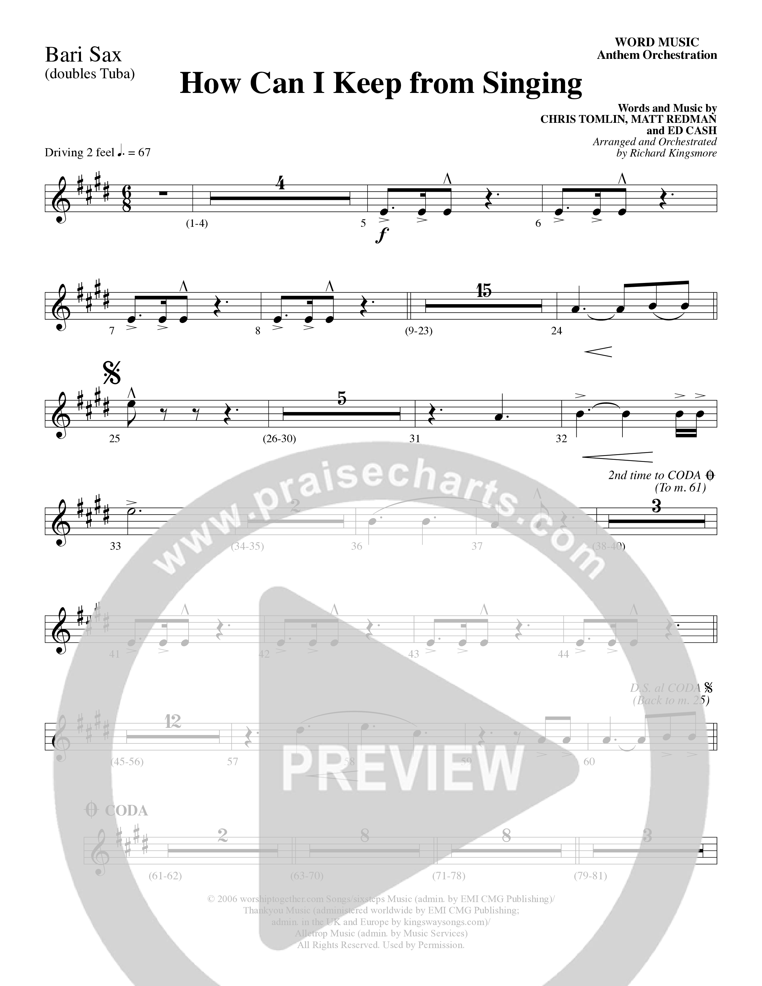 How Can I Keep From Singing (Choral Anthem SATB) Bari Sax (Word Music Choral / Arr. Richard Kingsmore)