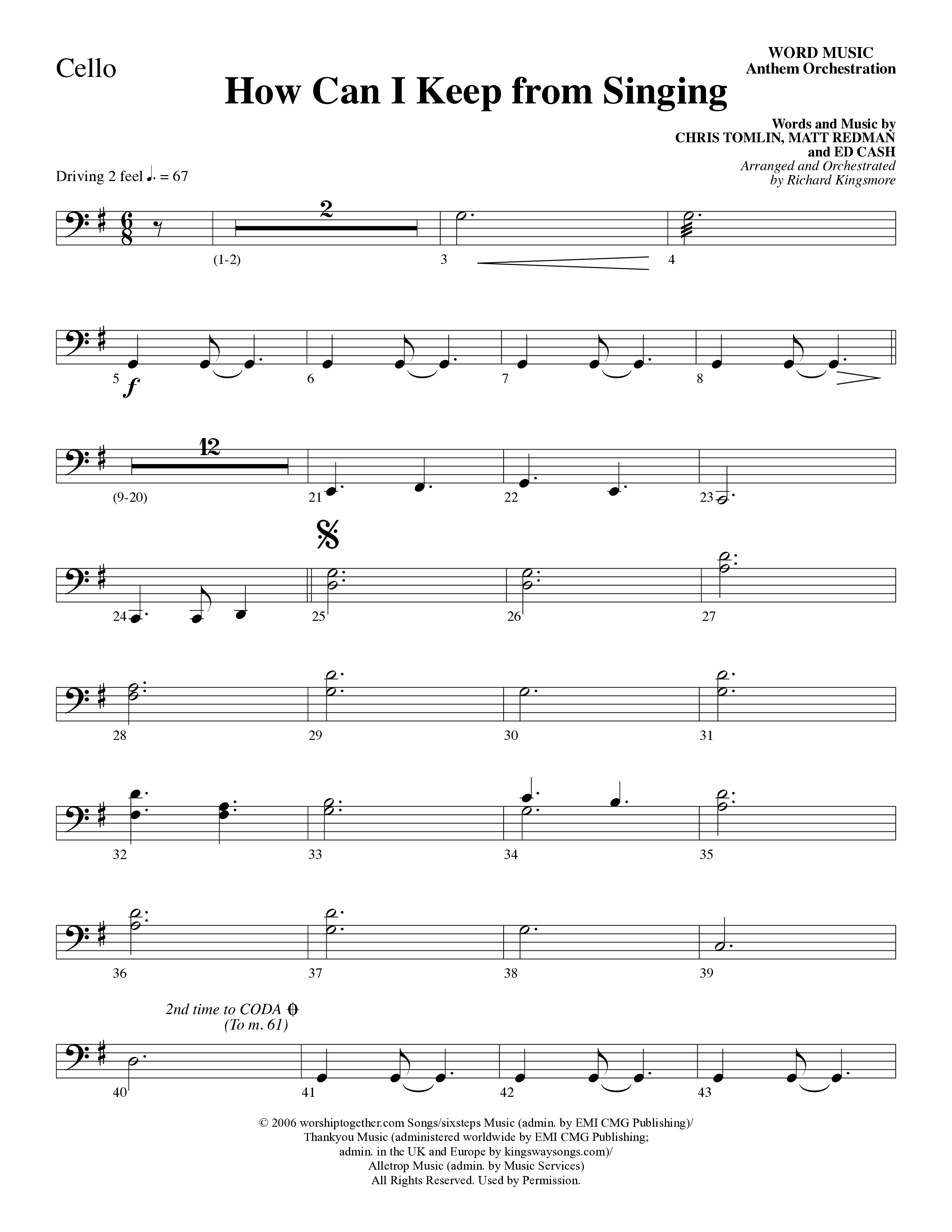 How Can I Keep From Singing (Choral Anthem SATB) Cello (Word Music Choral / Arr. Richard Kingsmore)