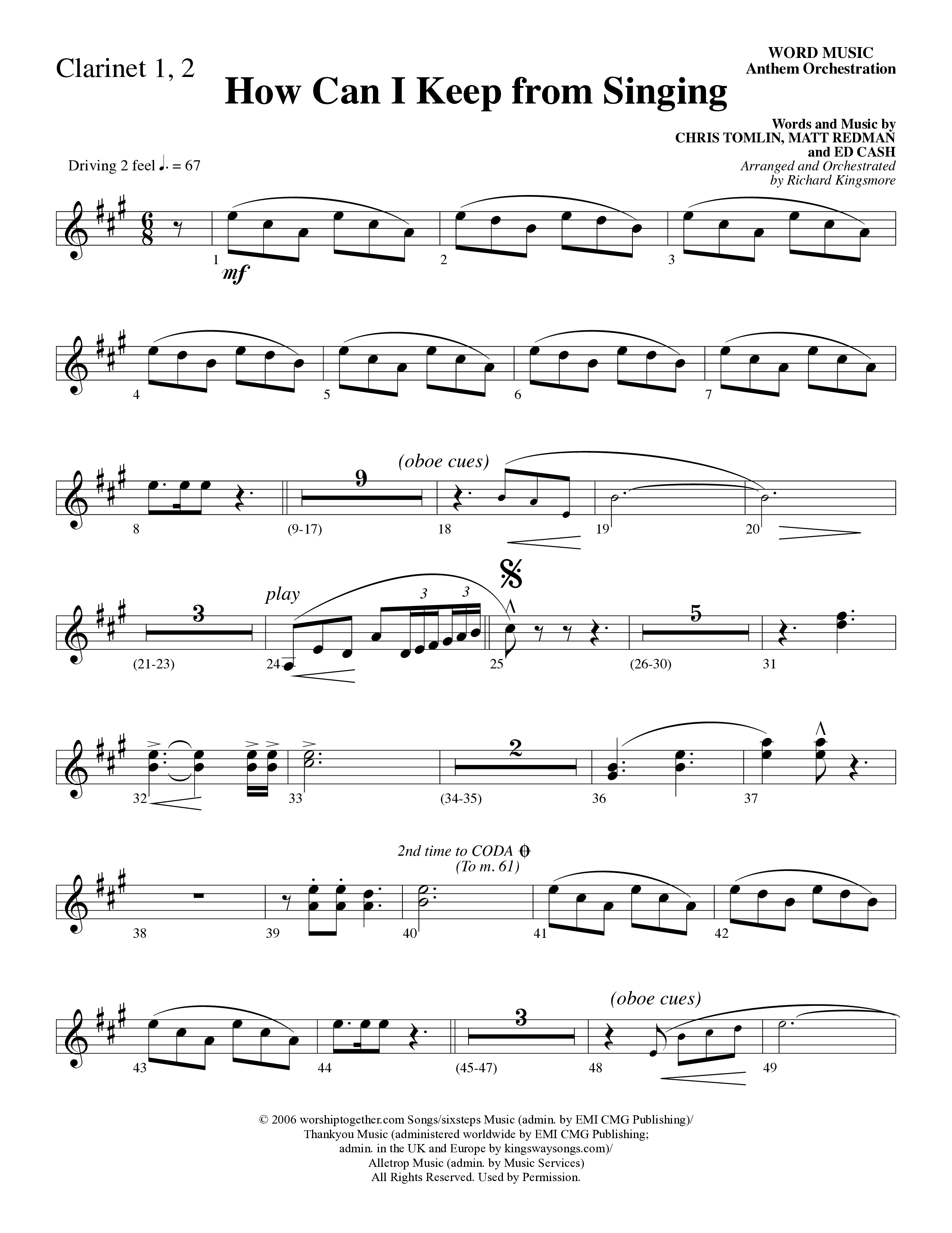 How Can I Keep From Singing (Choral Anthem SATB) Clarinet (Word Music Choral / Arr. Richard Kingsmore)
