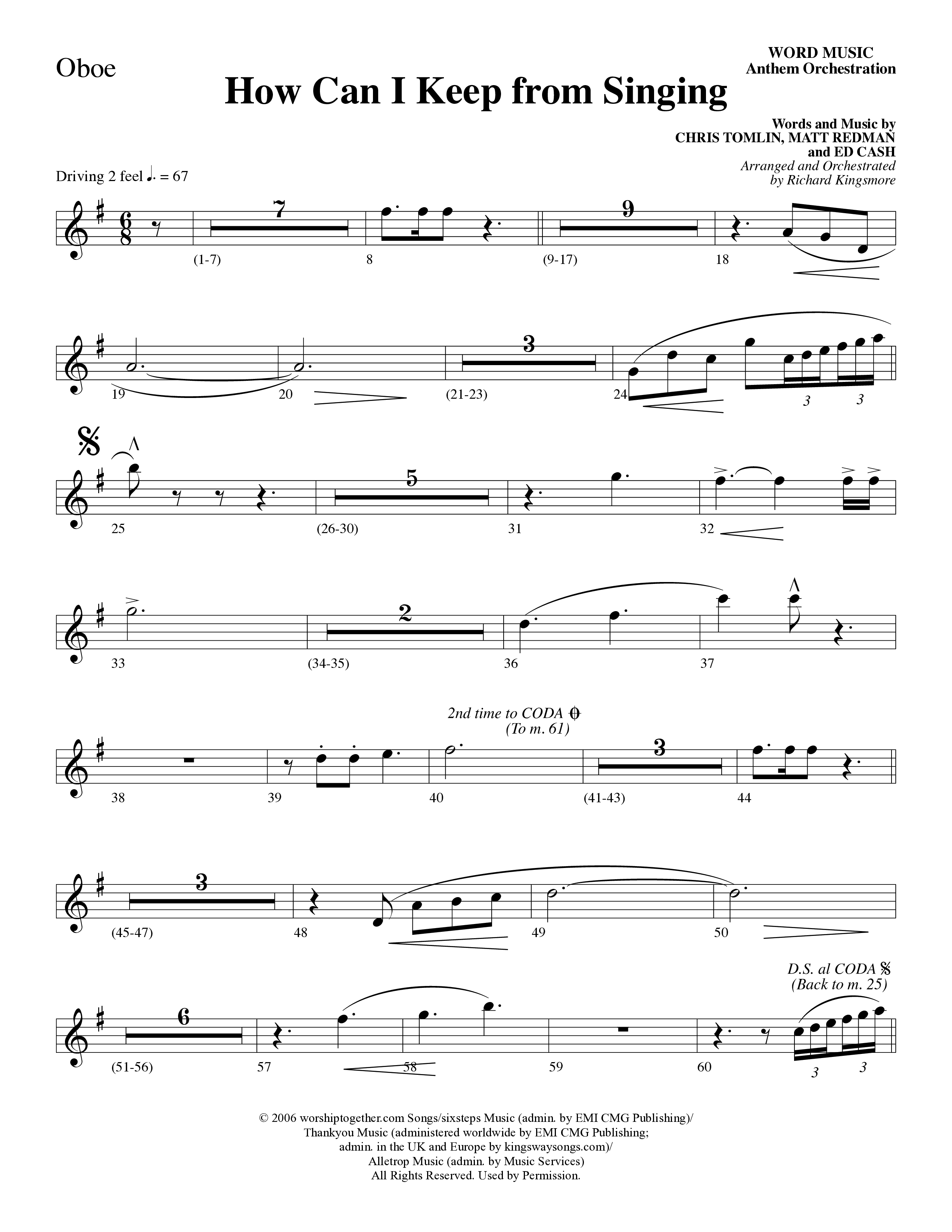 How Can I Keep From Singing (Choral Anthem SATB) Oboe (Word Music Choral / Arr. Richard Kingsmore)