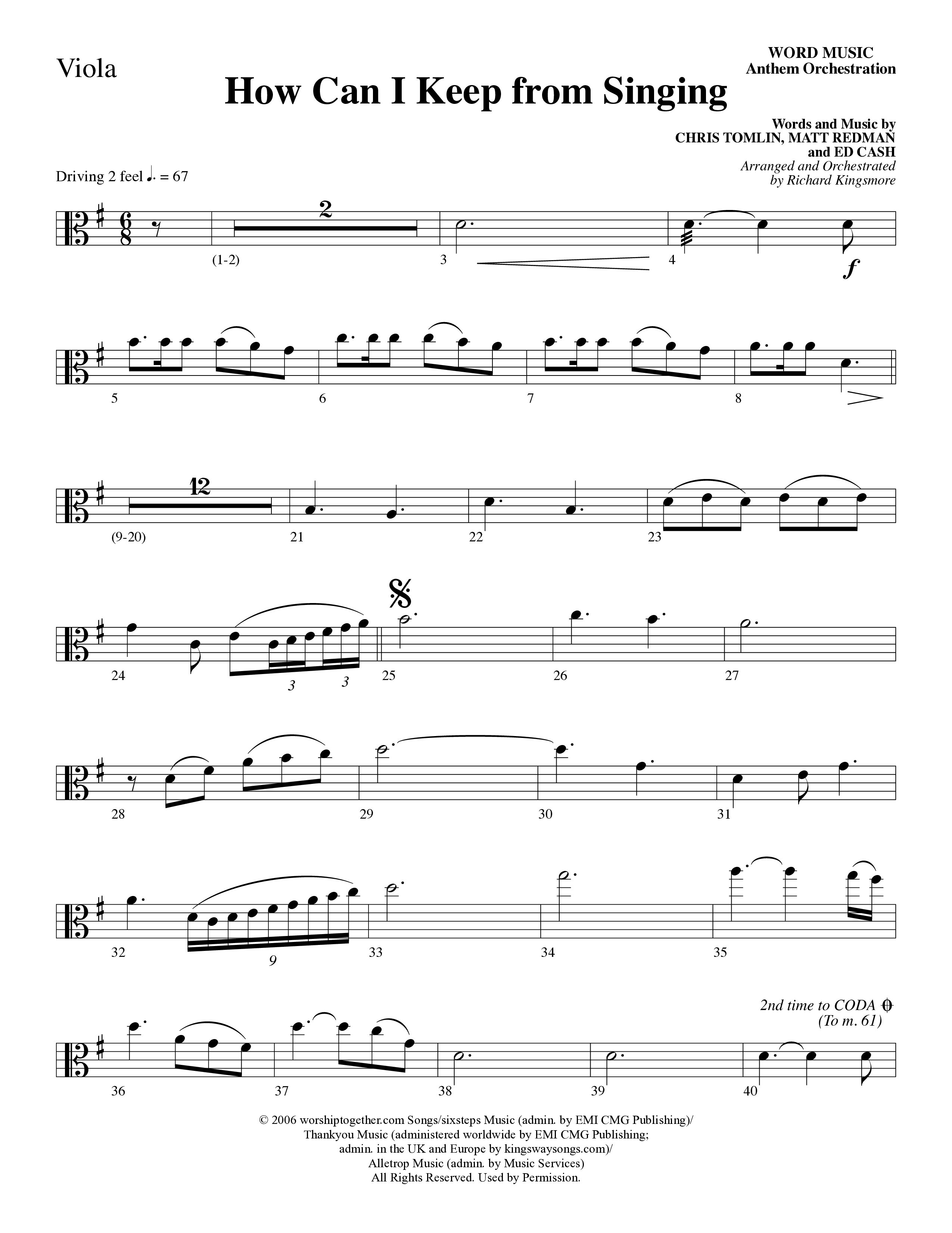 How Can I Keep From Singing (Choral Anthem SATB) Viola (Word Music Choral / Arr. Richard Kingsmore)