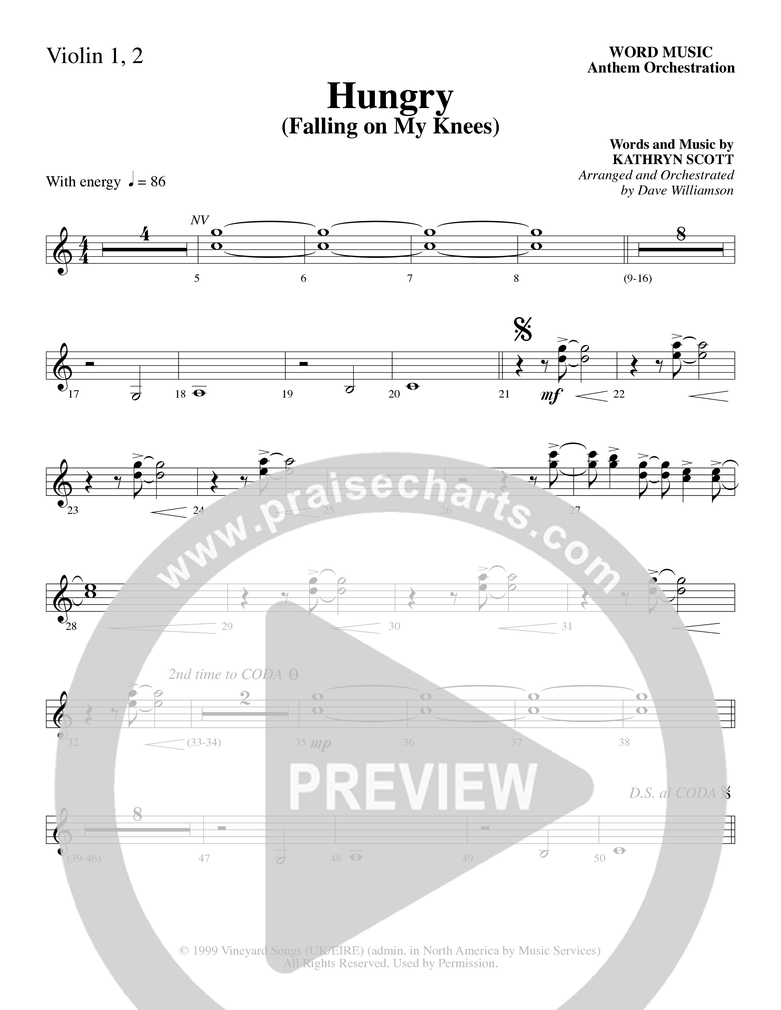 Hungry (Falling on My Knees) (Choral Anthem SATB) Violin 1/2 (Word Music Choral / Arr. Dave Williamson)