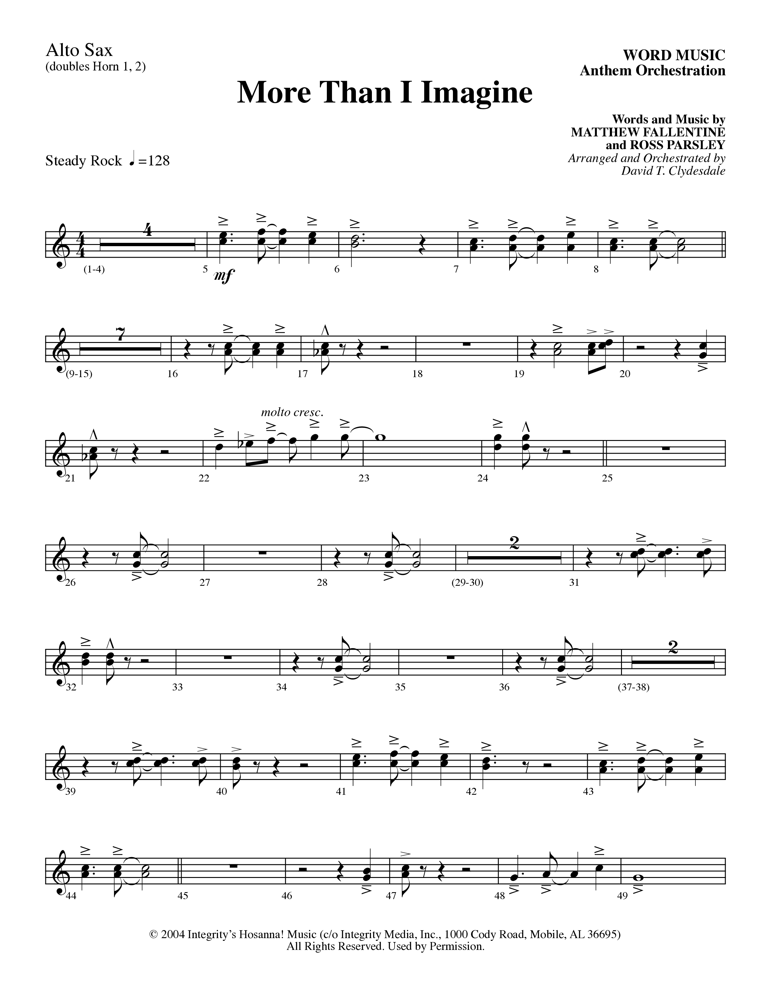 More Than I Imagine (Choral Anthem SATB) Alto Sax (Word Music Choral / Arr. David Clydesdale)