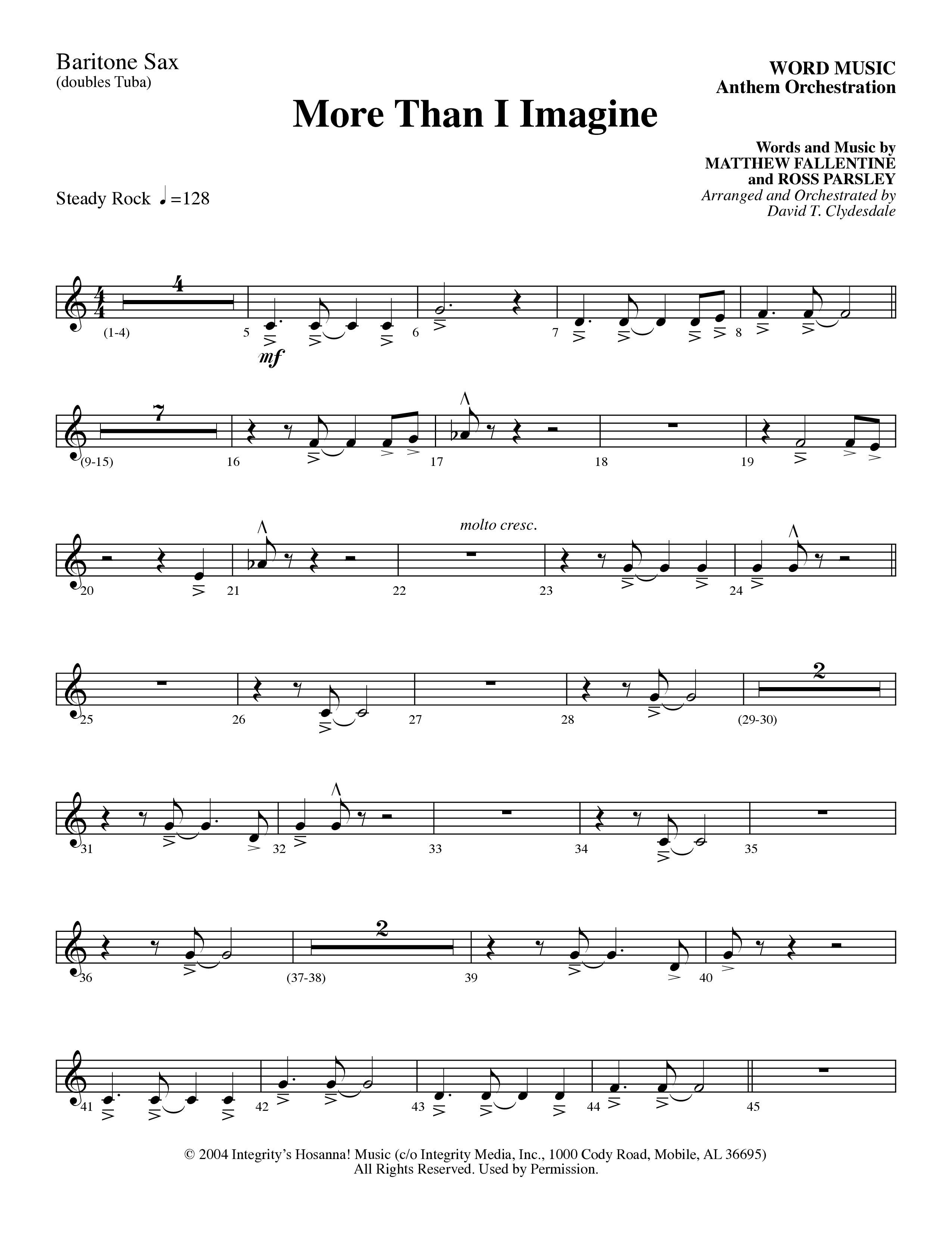 More Than I Imagine (Choral Anthem SATB) Bari Sax (Word Music Choral / Arr. David Clydesdale)