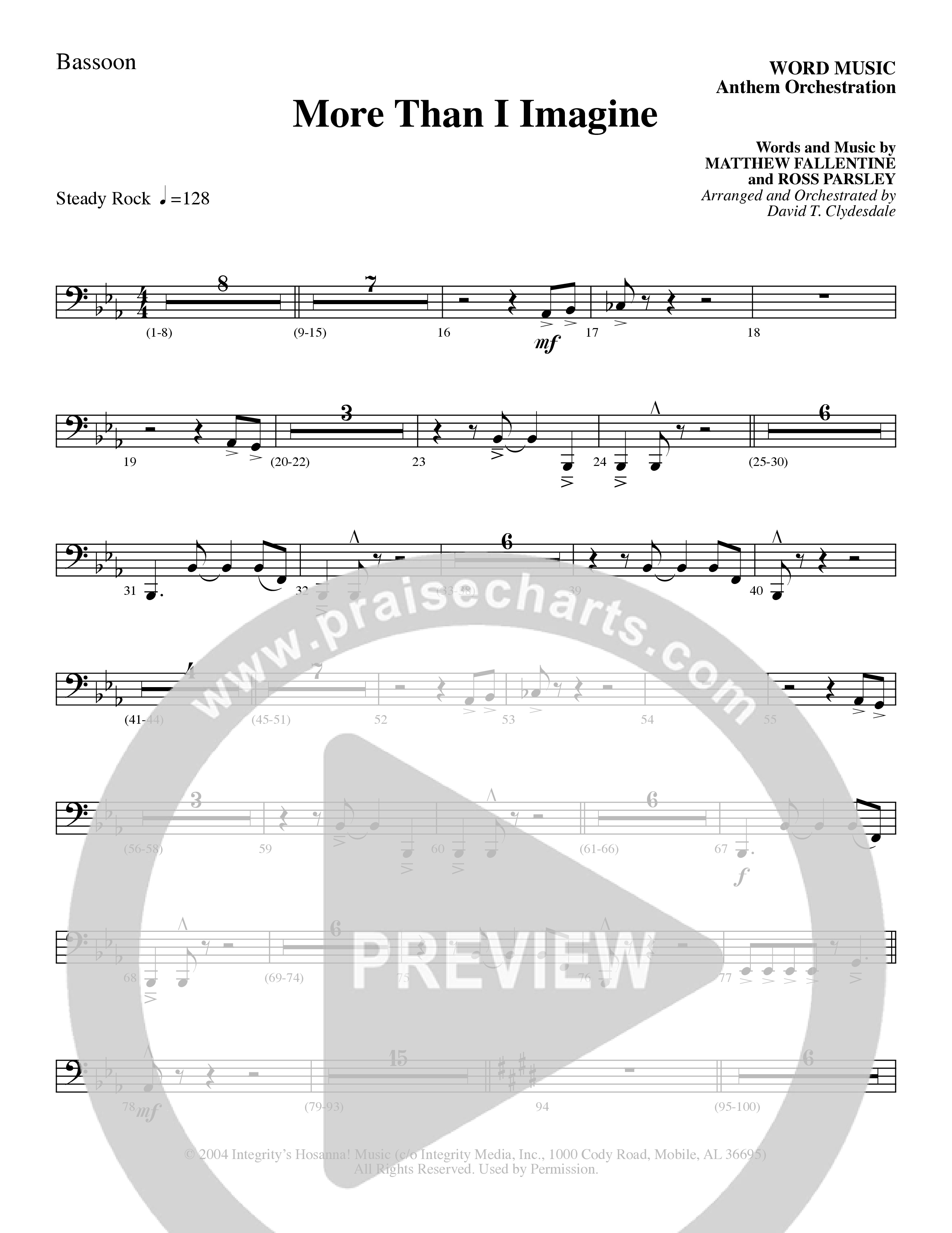 More Than I Imagine (Choral Anthem SATB) Bassoon (Word Music Choral / Arr. David Clydesdale)