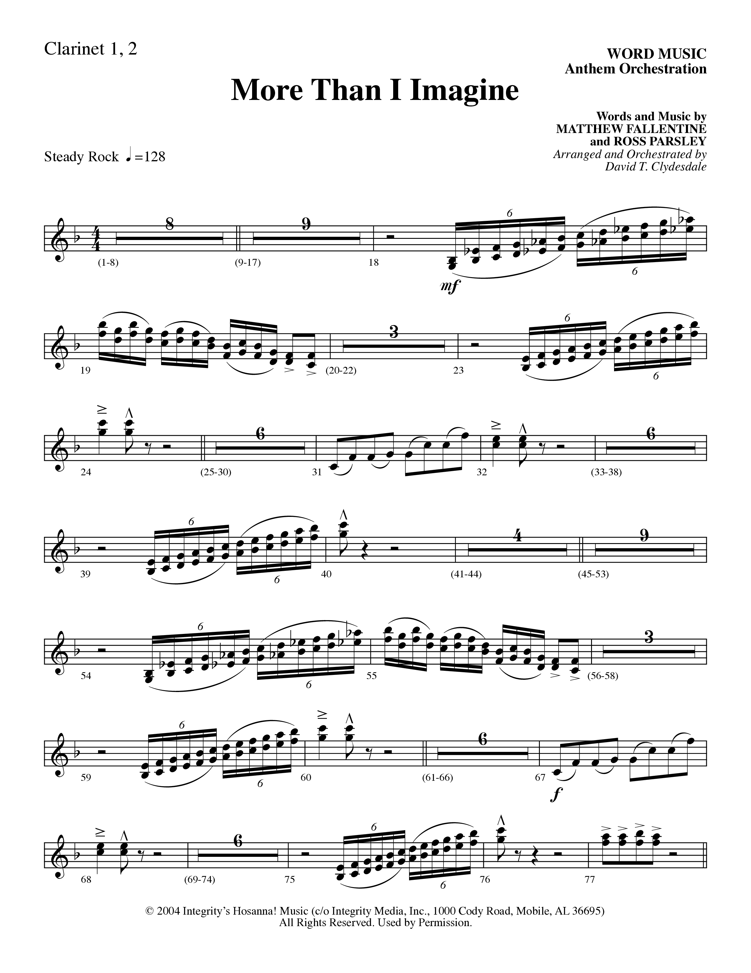 More Than I Imagine (Choral Anthem SATB) Clarinet 1/2 (Word Music Choral / Arr. David Clydesdale)