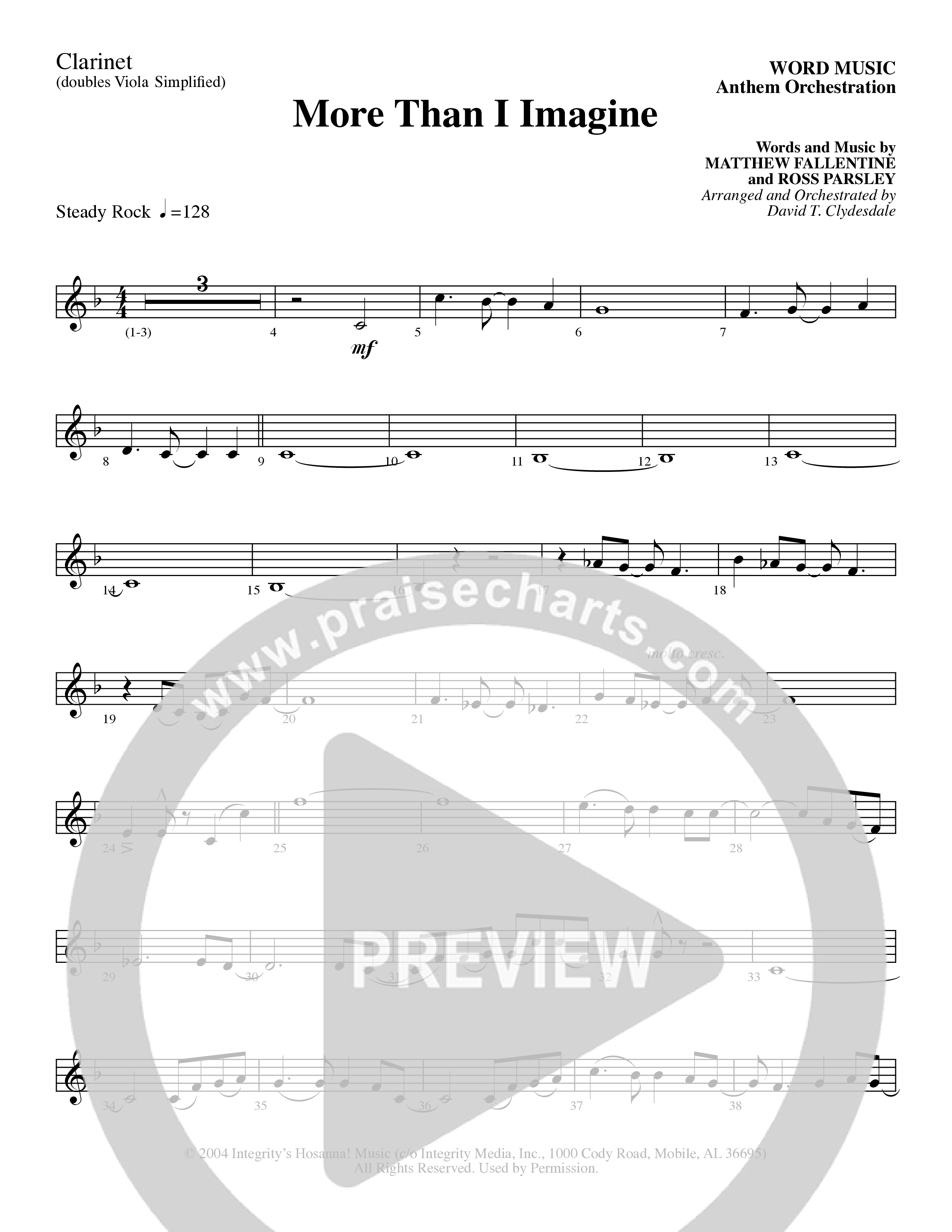 More Than I Imagine (Choral Anthem SATB) Clarinet 1/2 (Word Music Choral / Arr. David Clydesdale)