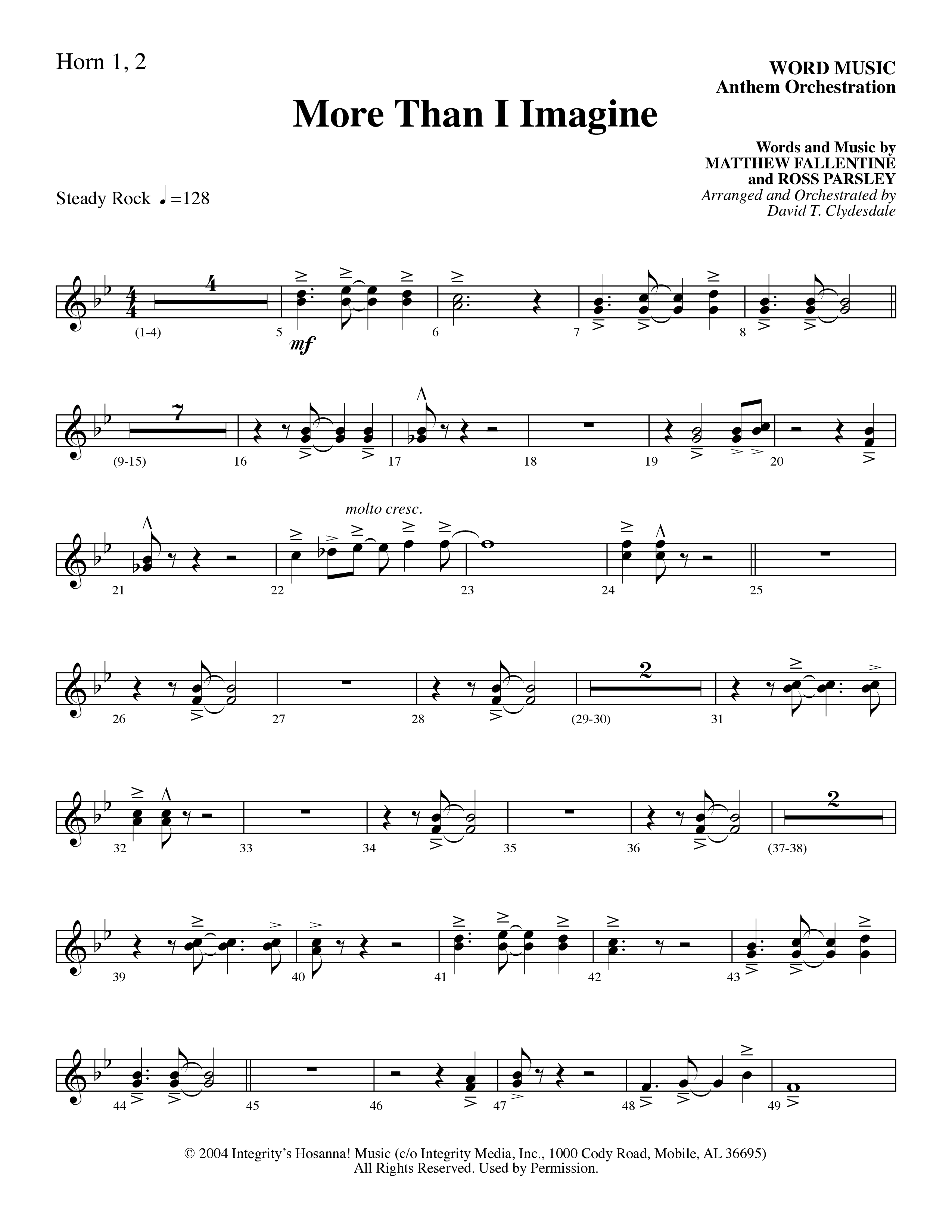 More Than I Imagine (Choral Anthem SATB) French Horn 1/2 (Word Music Choral / Arr. David Clydesdale)