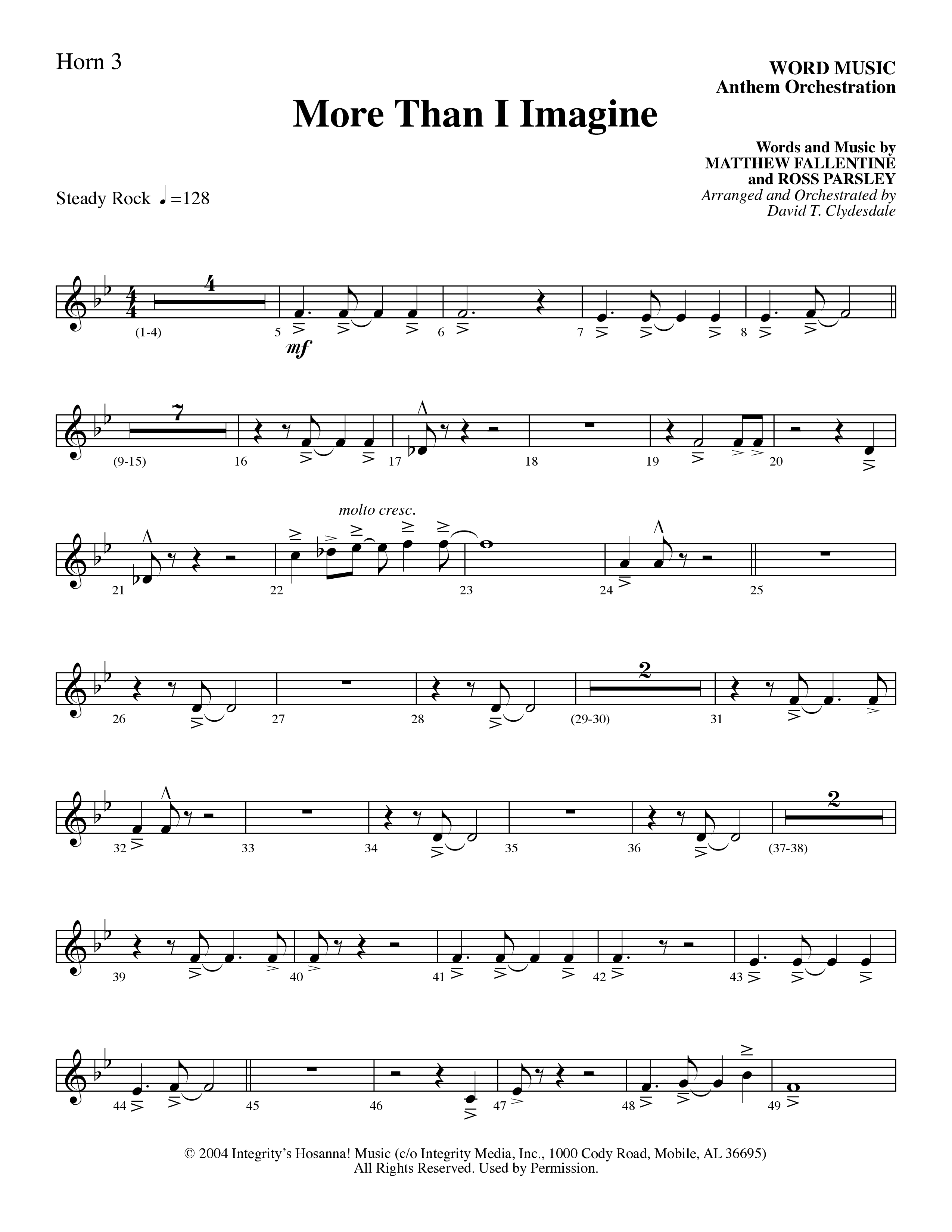 More Than I Imagine (Choral Anthem SATB) French Horn 3 (Word Music Choral / Arr. David Clydesdale)