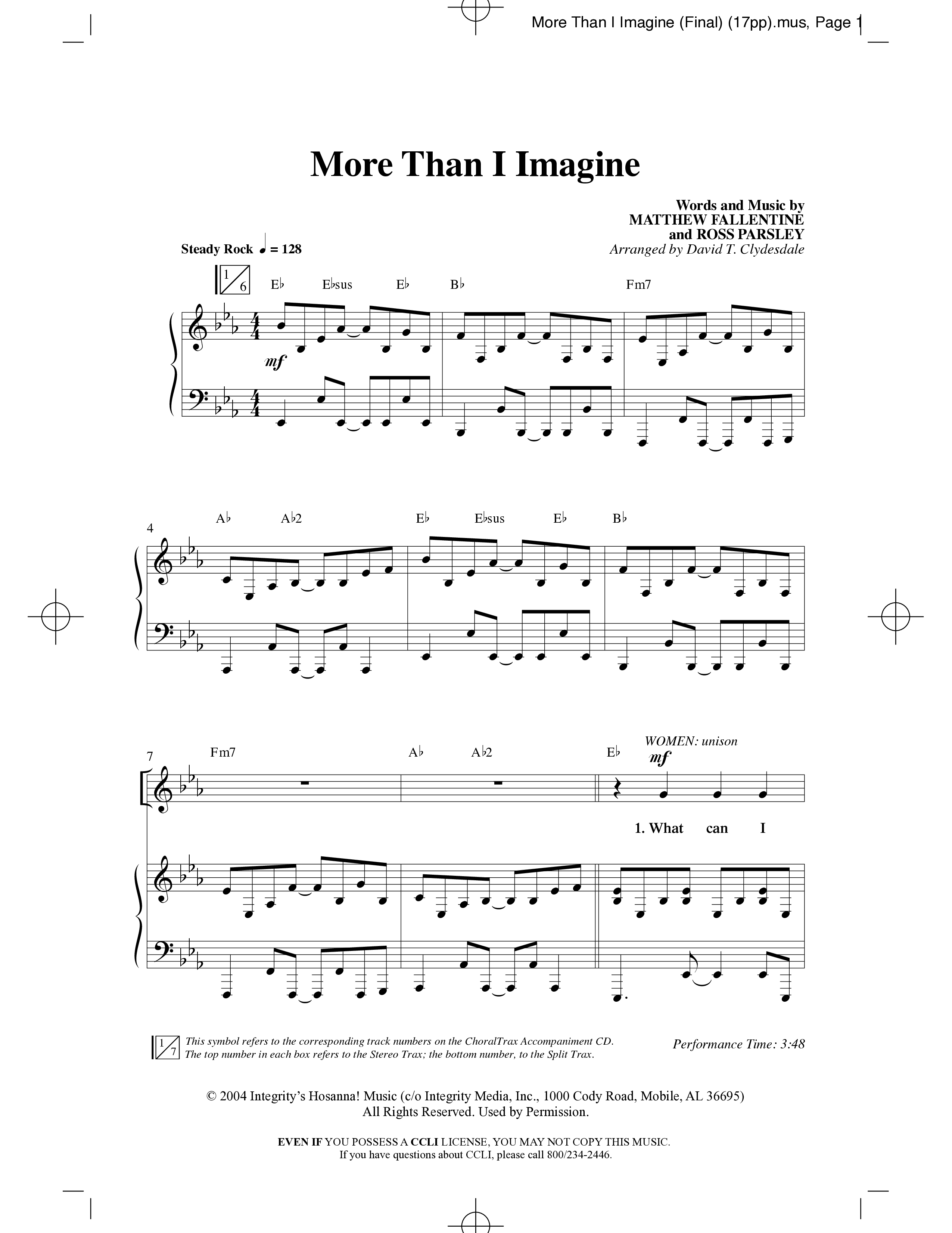 More Than I Imagine (Choral Anthem SATB) Anthem (SATB/Piano) (Word Music Choral / Arr. David Clydesdale)