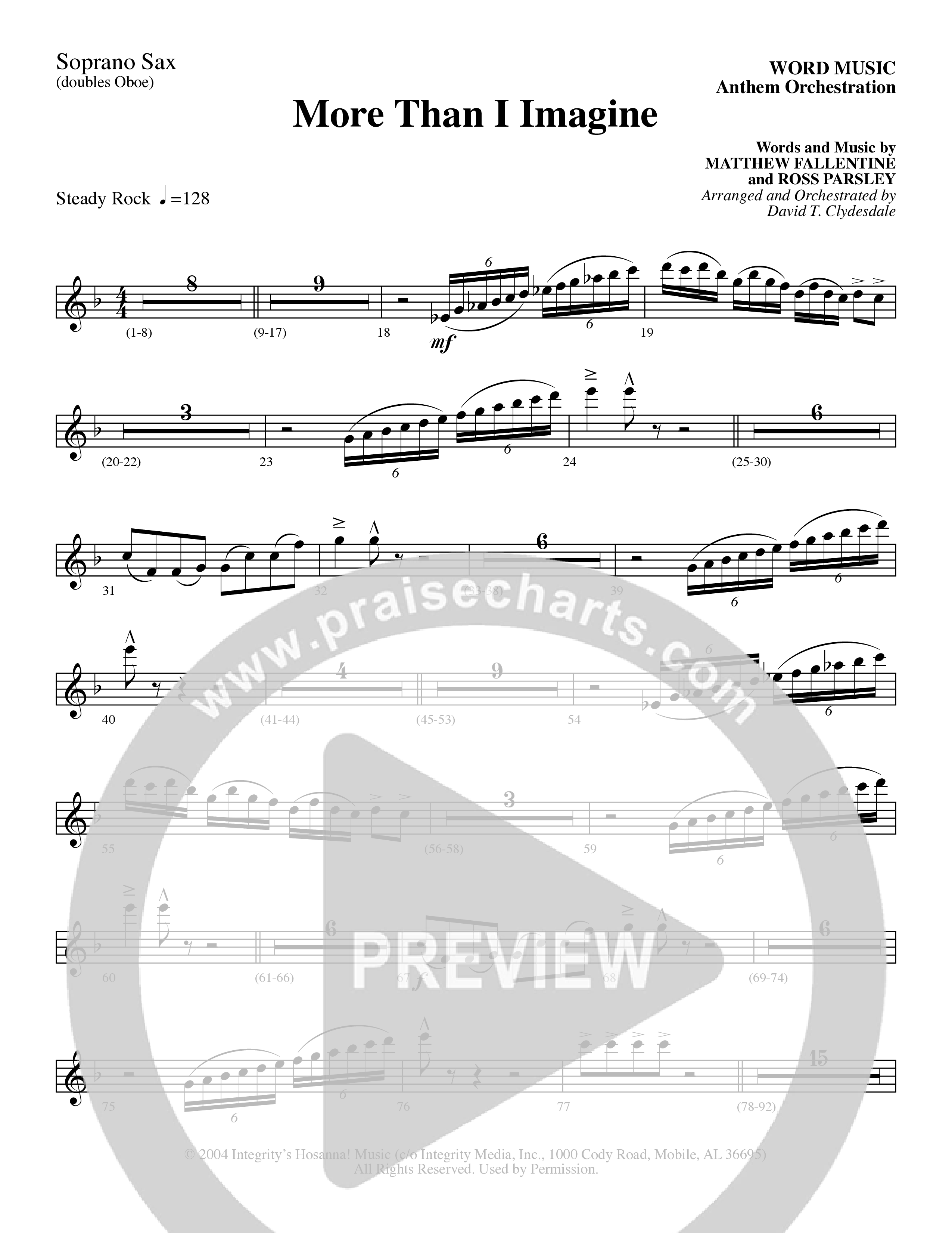 More Than I Imagine (Choral Anthem SATB) Soprano Sax (Word Music Choral / Arr. David Clydesdale)