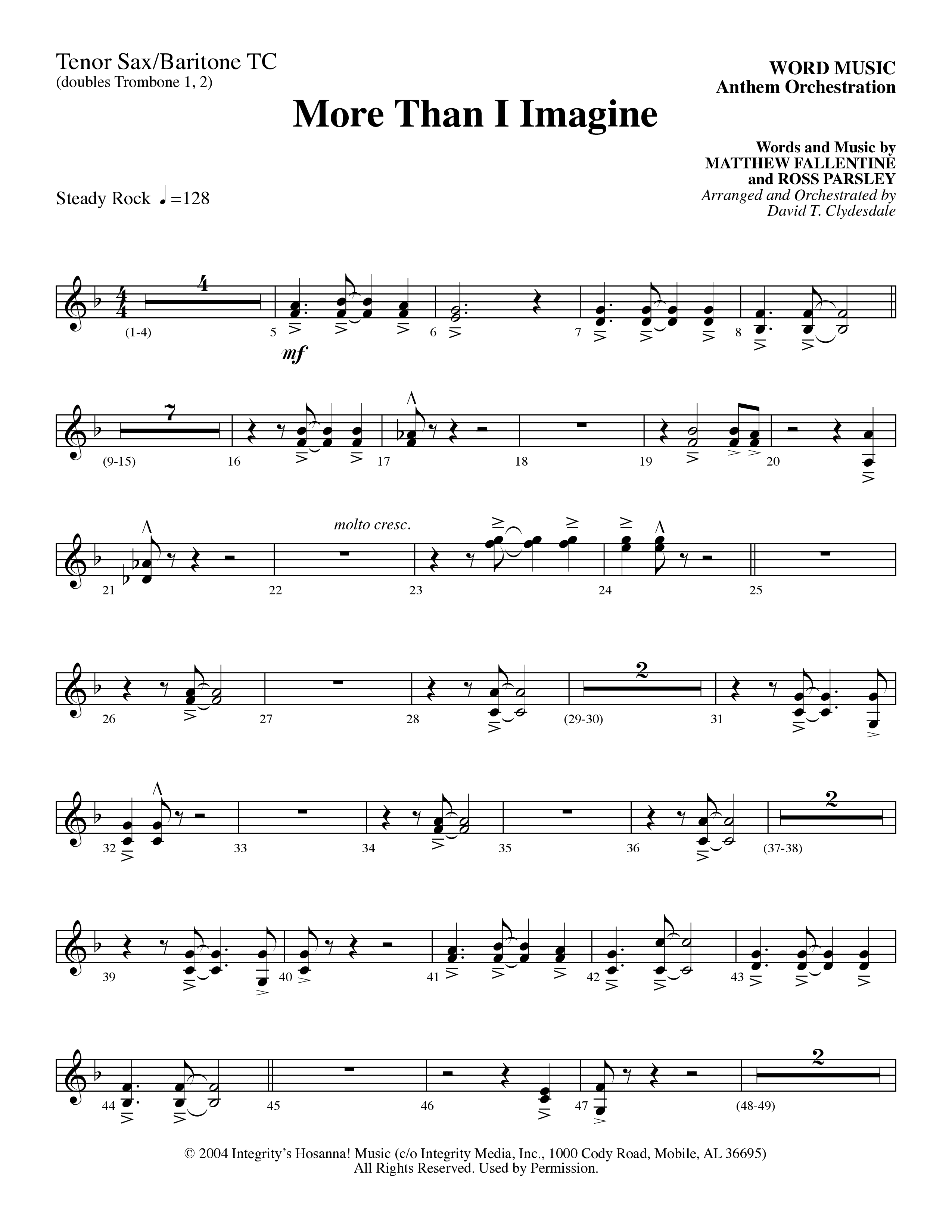 More Than I Imagine (Choral Anthem SATB) Tenor Sax/Baritone T.C. (Word Music Choral / Arr. David Clydesdale)
