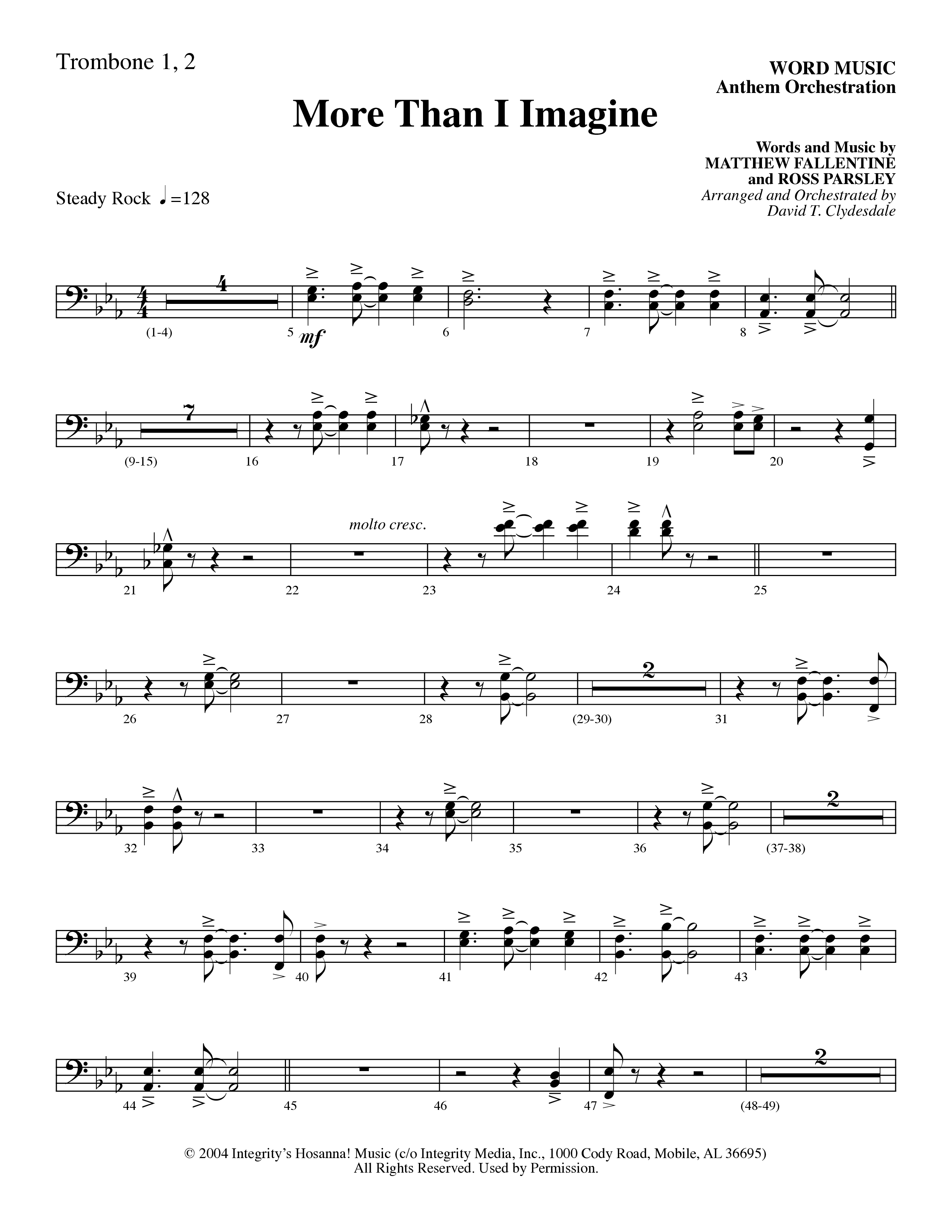 More Than I Imagine (Choral Anthem SATB) Trombone 1/2 (Word Music Choral / Arr. David Clydesdale)