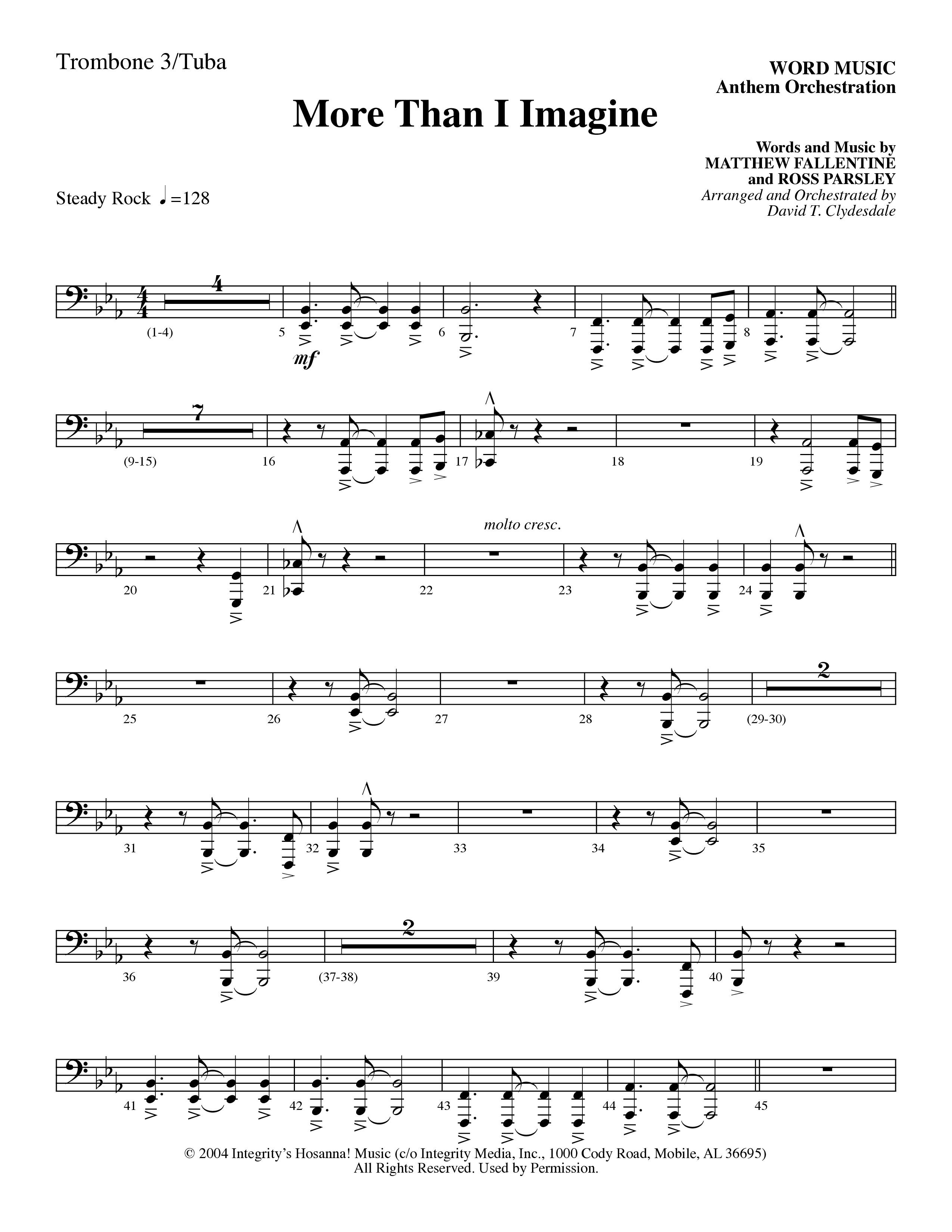 More Than I Imagine (Choral Anthem SATB) Trombone 3/Tuba (Word Music Choral / Arr. David Clydesdale)