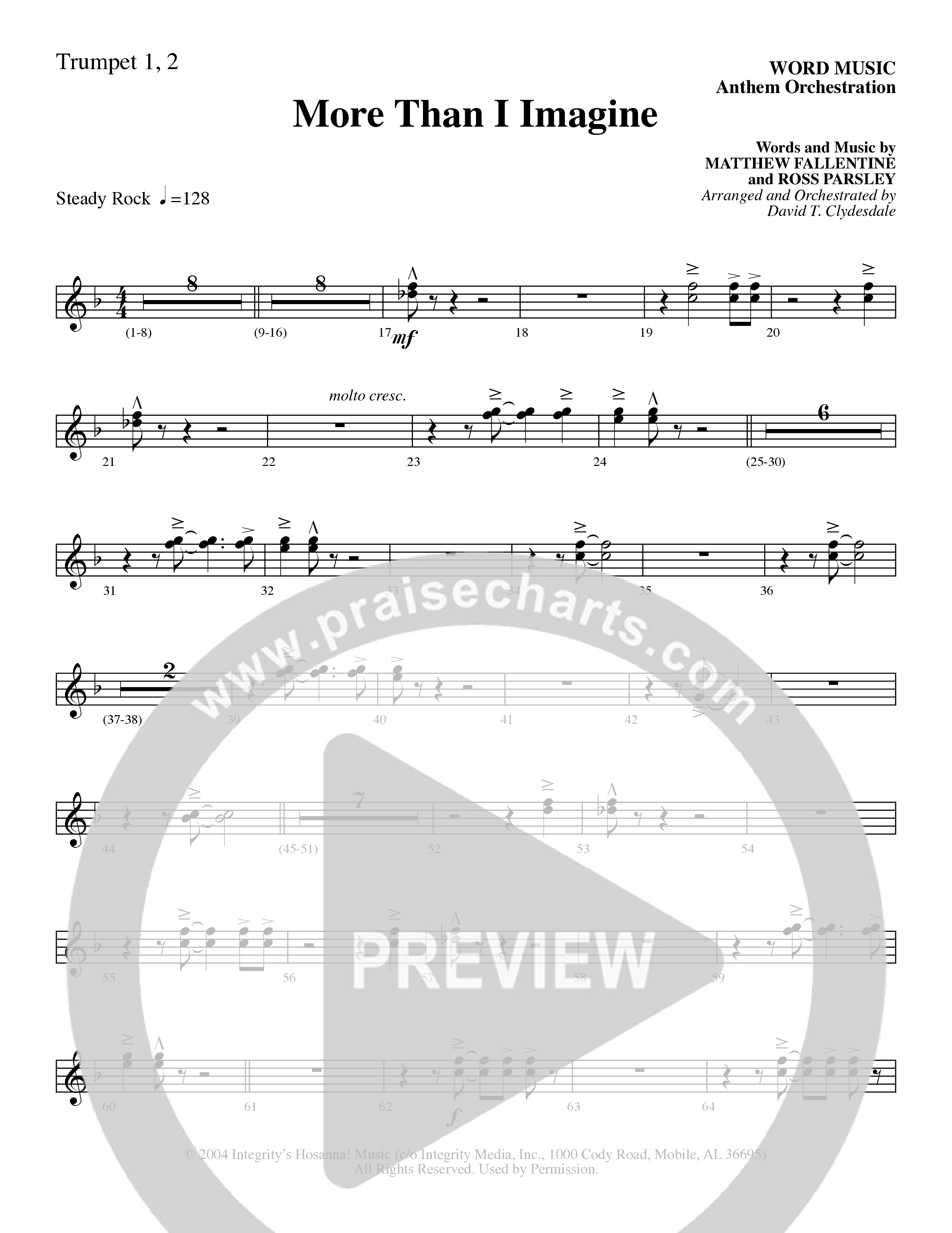 More Than I Imagine (Choral Anthem SATB) Trumpet 1,2 (Word Music Choral / Arr. David Clydesdale)