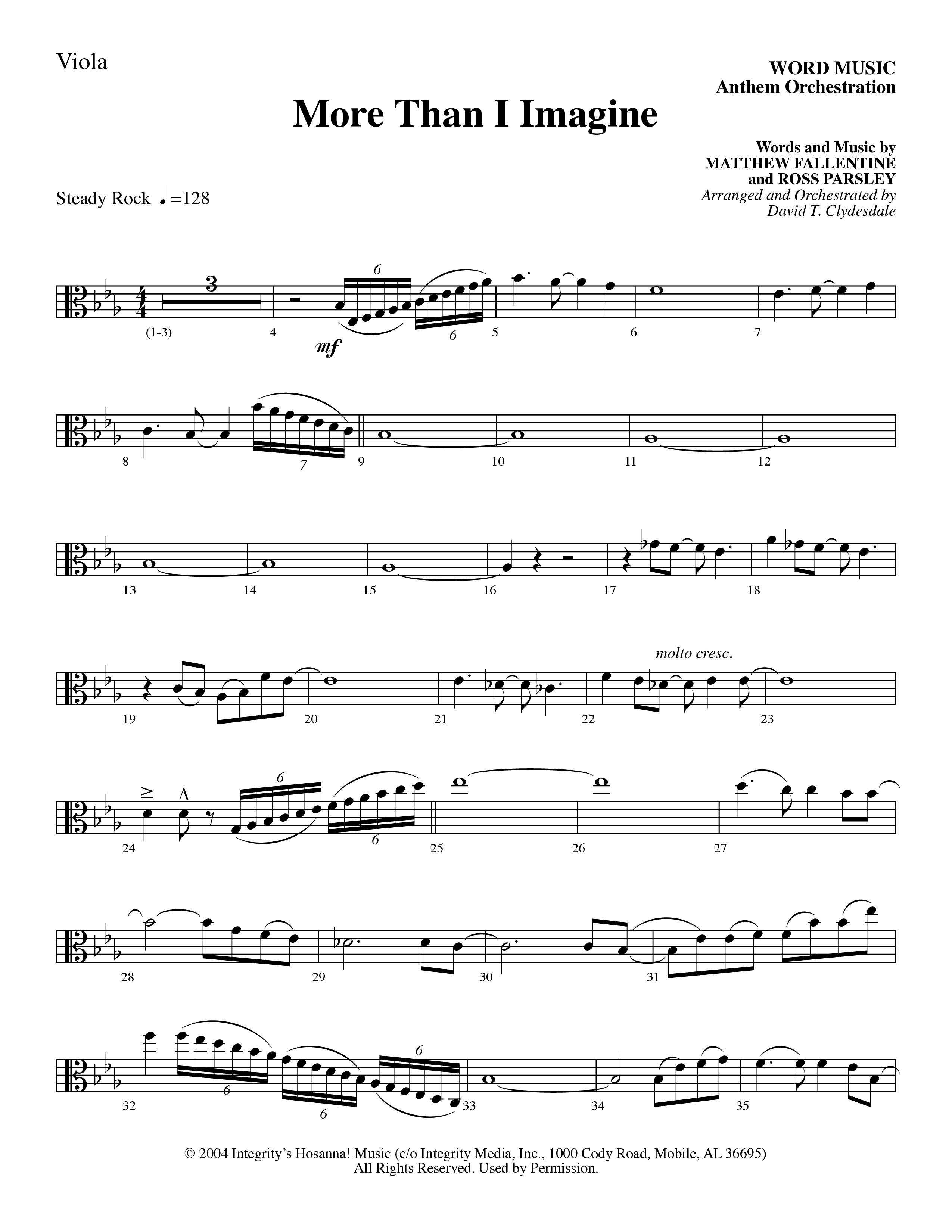 More Than I Imagine (Choral Anthem SATB) Viola (Word Music Choral / Arr. David Clydesdale)