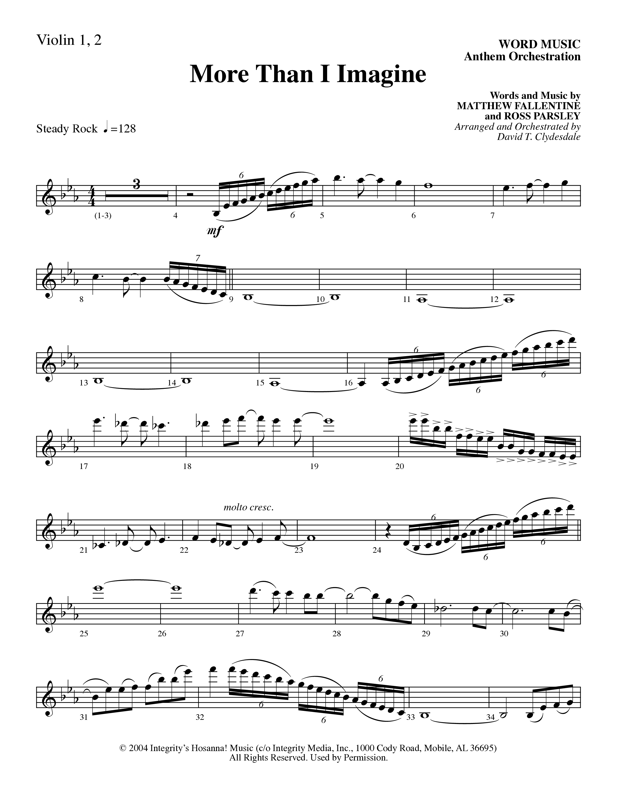 More Than I Imagine (Choral Anthem SATB) Violin 1/2 (Word Music Choral / Arr. David Clydesdale)