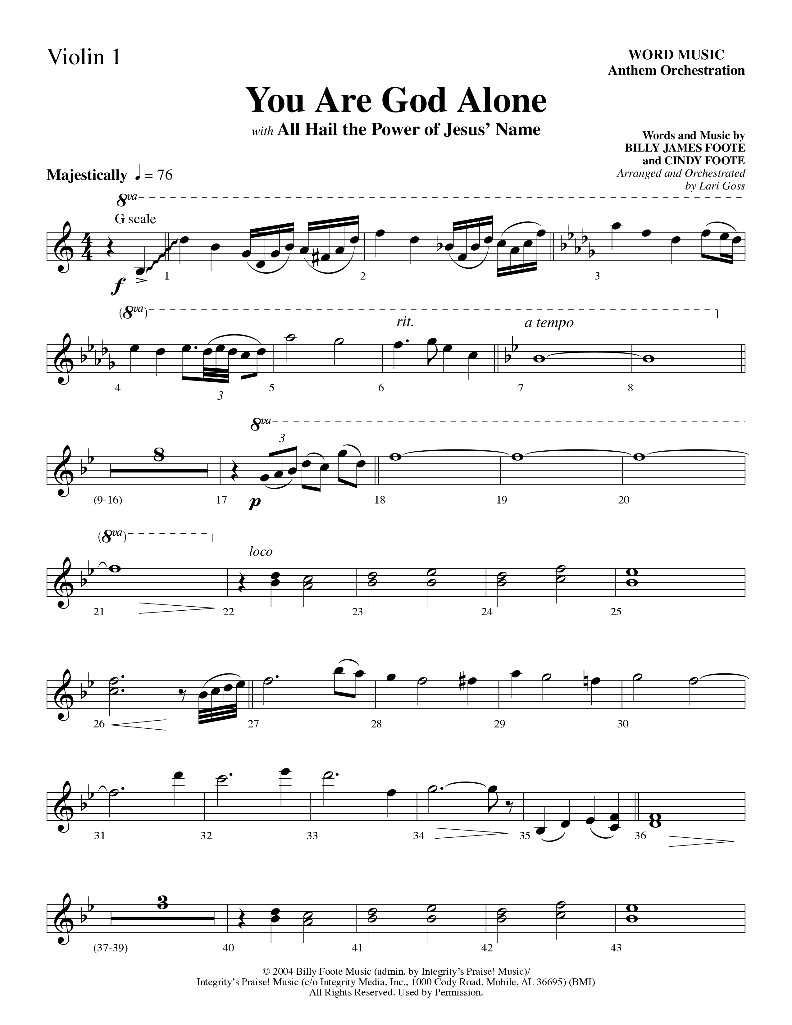 You Are God Alone (with All Hail The Power Of Jesus' Name) (Choral Anthem SATB) Violin 1/2 (Word Music Choral / Arr. Lari Goss)
