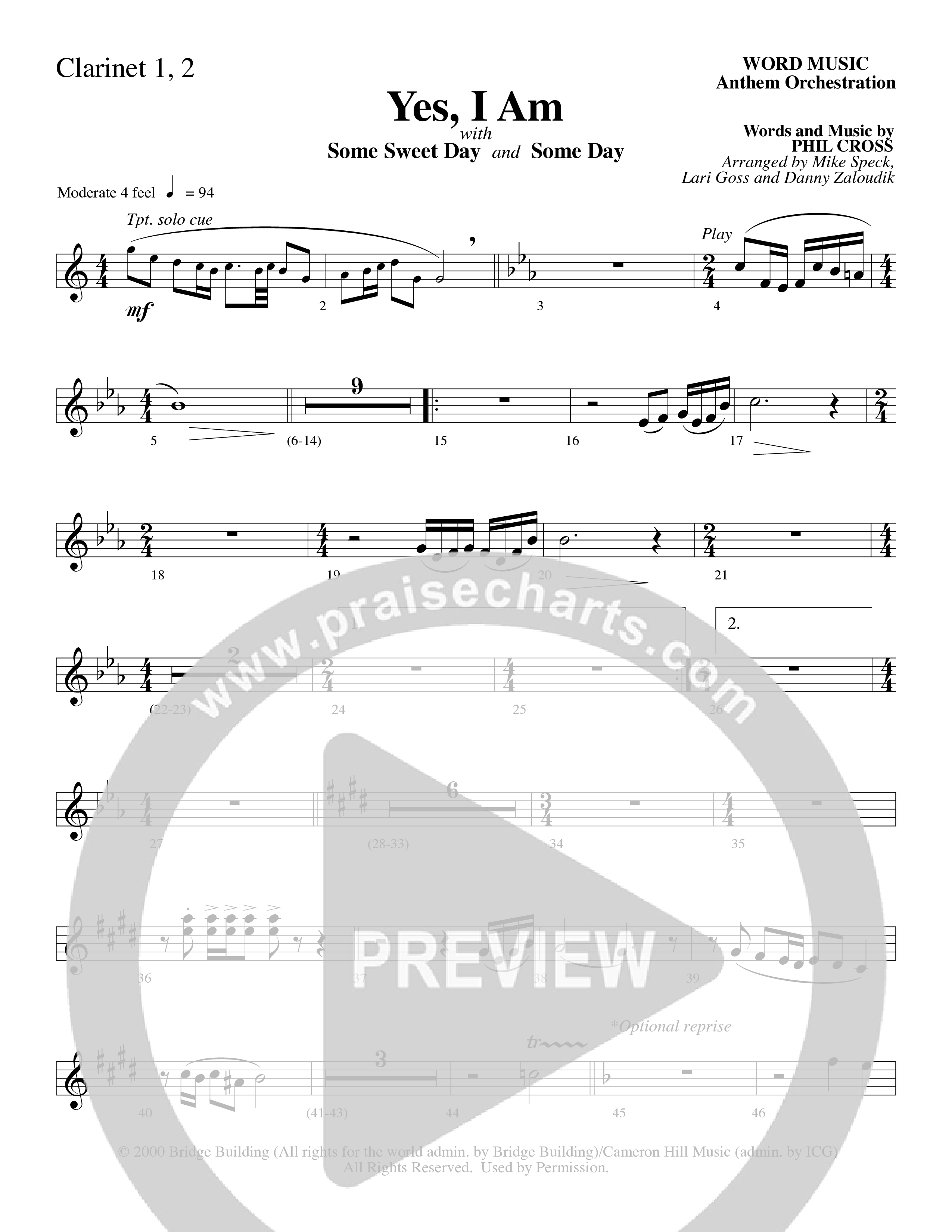 Yes I Am (with Some Sweet Day and Some Day) (Choral Anthem SATB) Clarinet 1/2 (Word Music Choral / Arr. Mike Speck / Arr. Lari Goss / Arr. Danny Zaloudik / Orch. Lari Goss)
