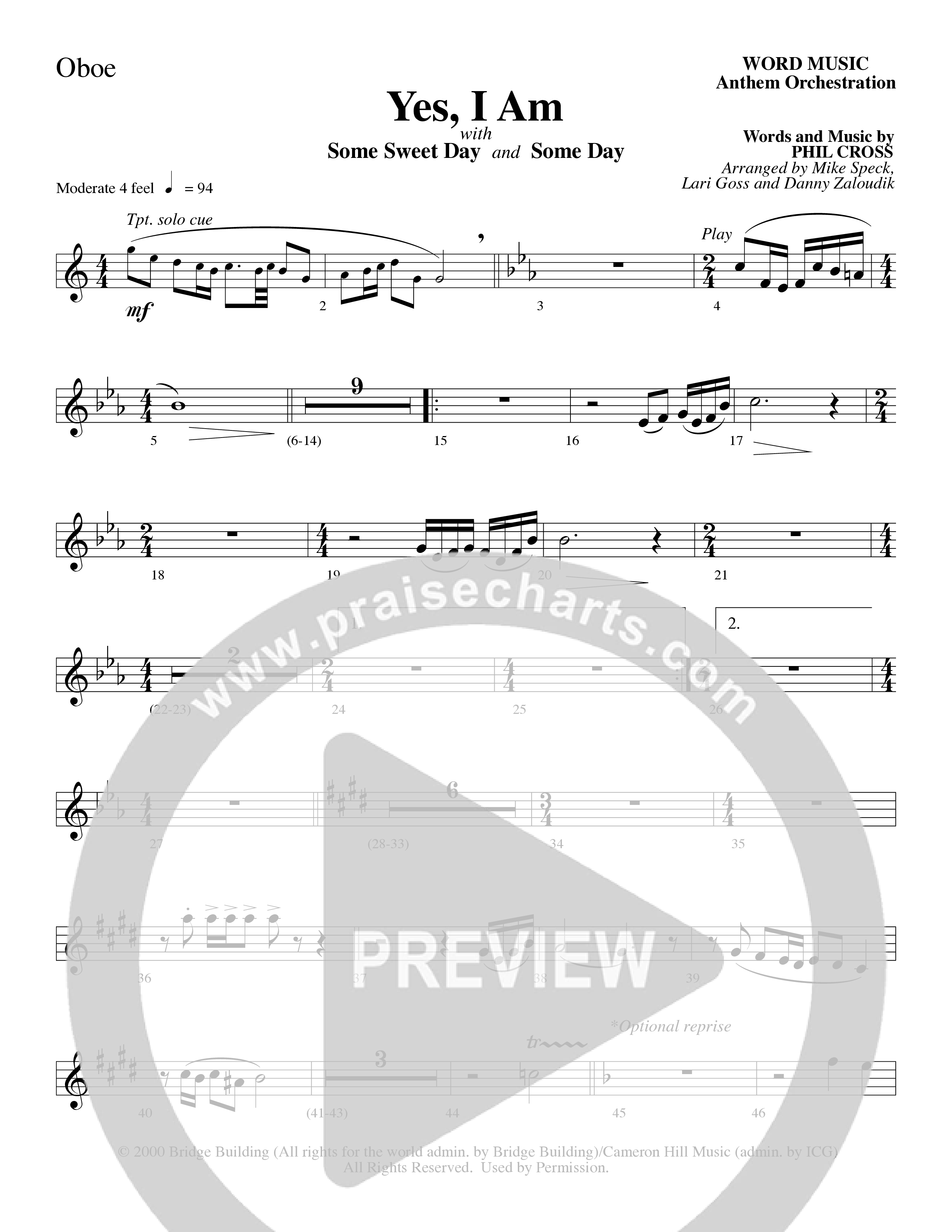 Yes I Am (with Some Sweet Day and Some Day) (Choral Anthem SATB) Oboe (Word Music Choral / Arr. Mike Speck / Arr. Lari Goss / Arr. Danny Zaloudik / Orch. Lari Goss)