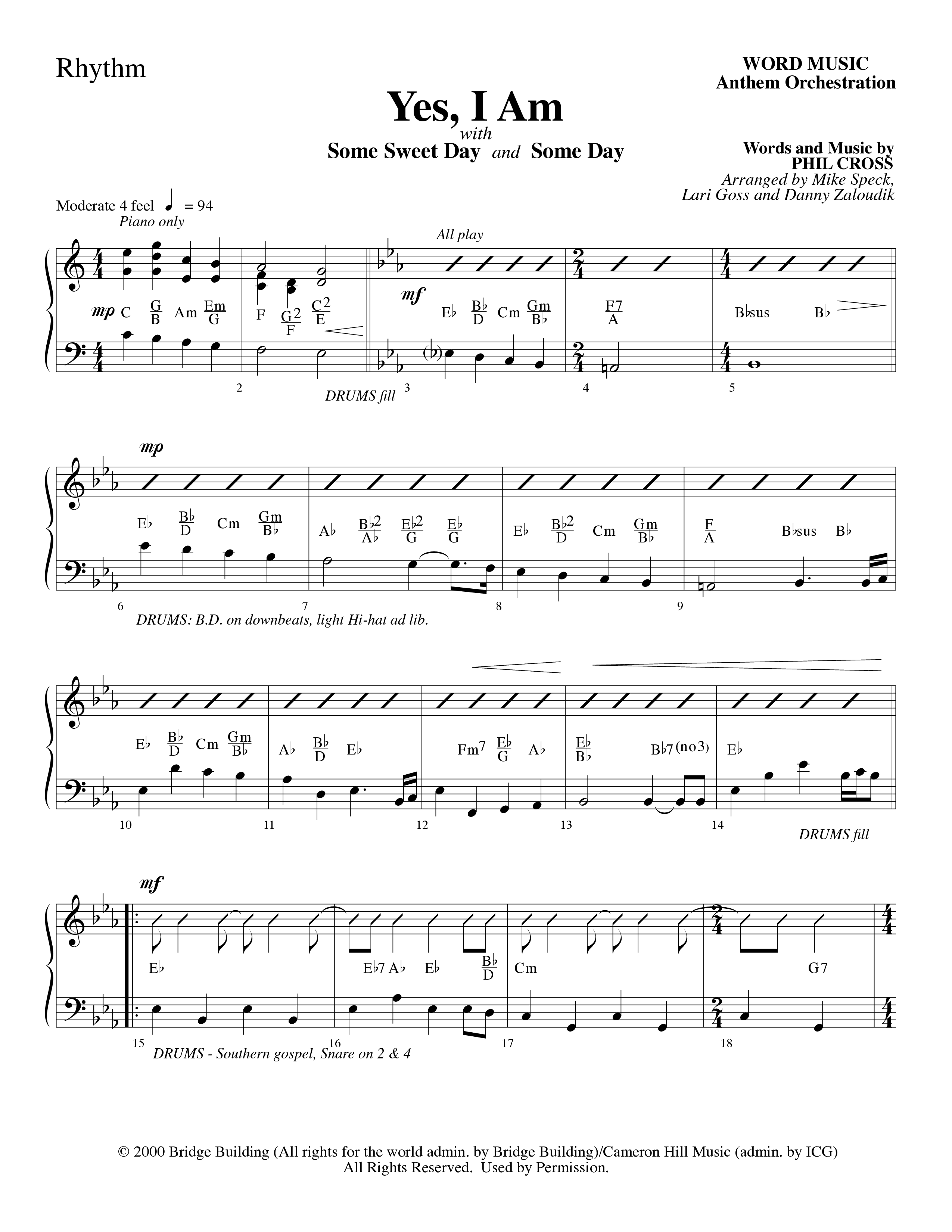 Yes I Am (with Some Sweet Day and Some Day) (Choral Anthem SATB) Rhythm Chart (Word Music Choral / Arr. Mike Speck / Arr. Lari Goss / Arr. Danny Zaloudik / Orch. Lari Goss)