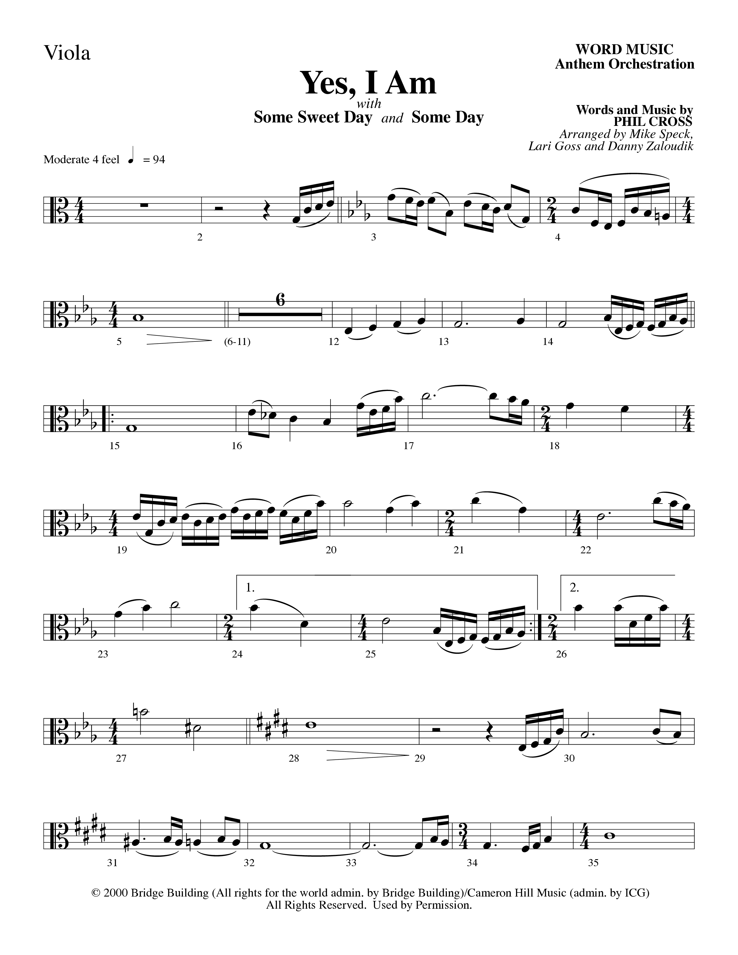 Yes I Am (with Some Sweet Day and Some Day) (Choral Anthem SATB) Viola (Word Music Choral / Arr. Mike Speck / Arr. Lari Goss / Arr. Danny Zaloudik / Orch. Lari Goss)