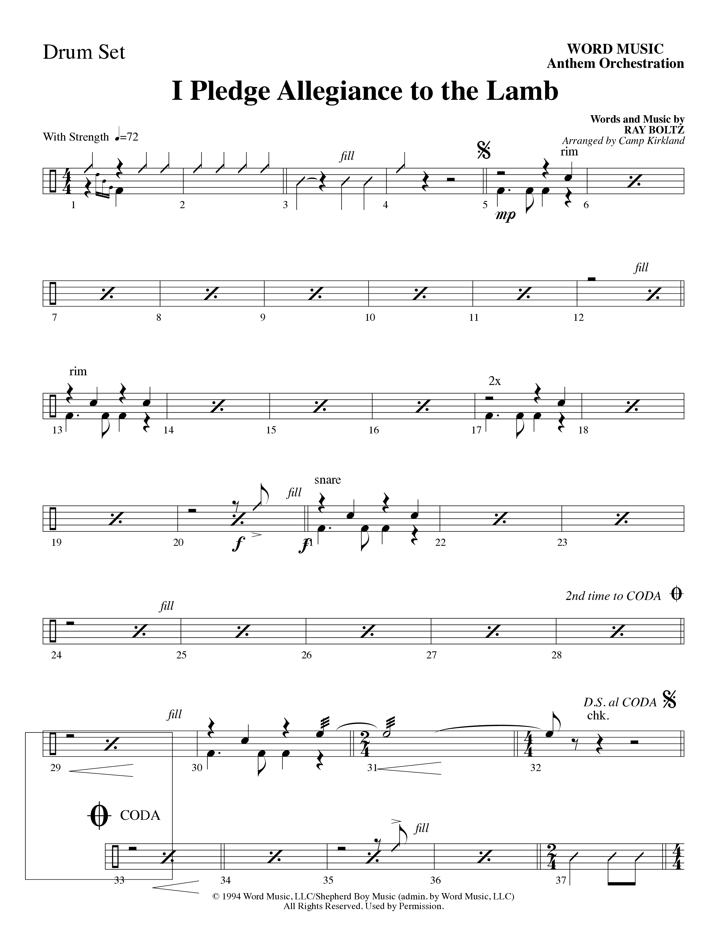 I Pledge Allegiance To The Lamb (Choral Anthem SATB) Drum Set (Word Music Choral / Arr. Camp Kirkland)
