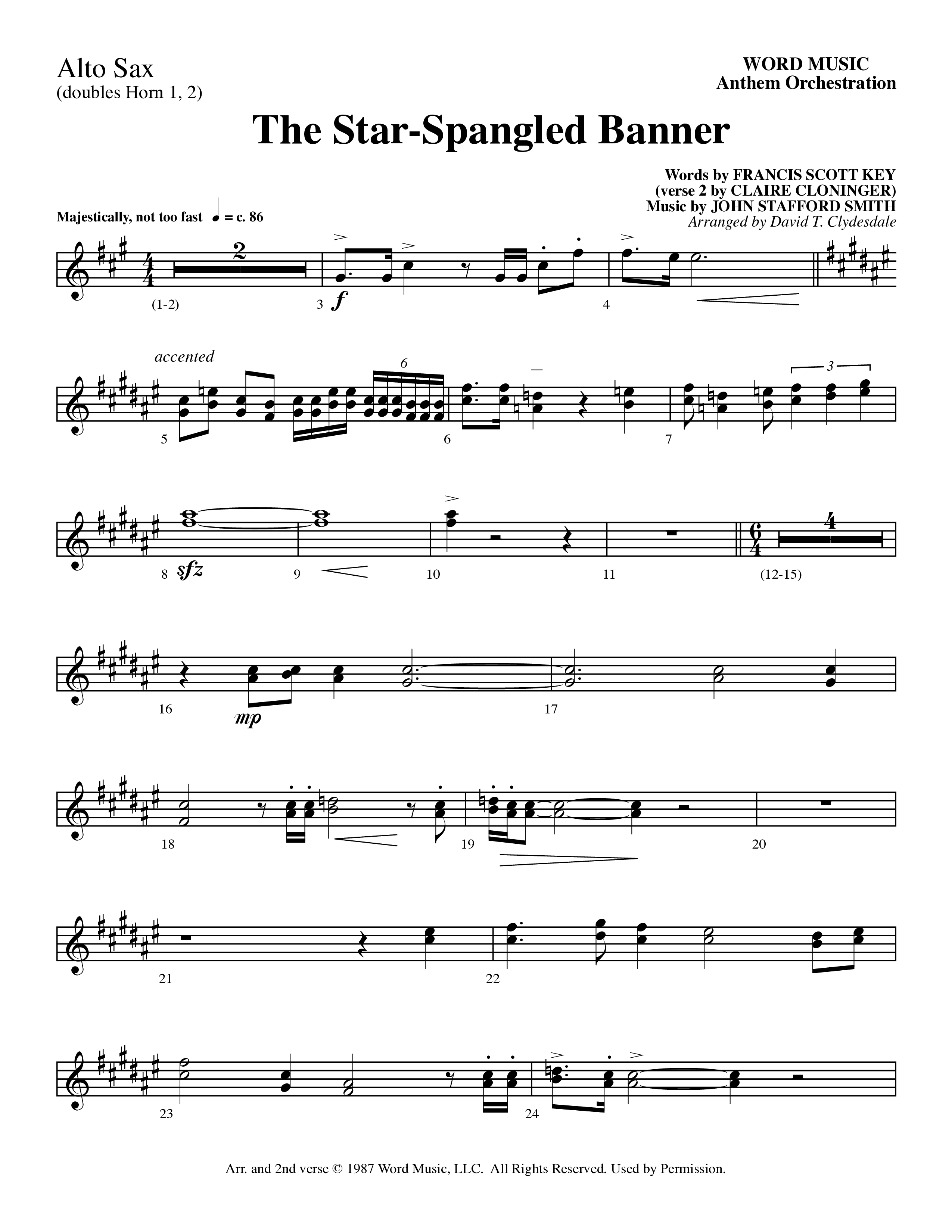The Star-Spangled Banner (Choral Anthem SATB) Alto Sax (Word Music Choral / Arr. David Clydesdale)