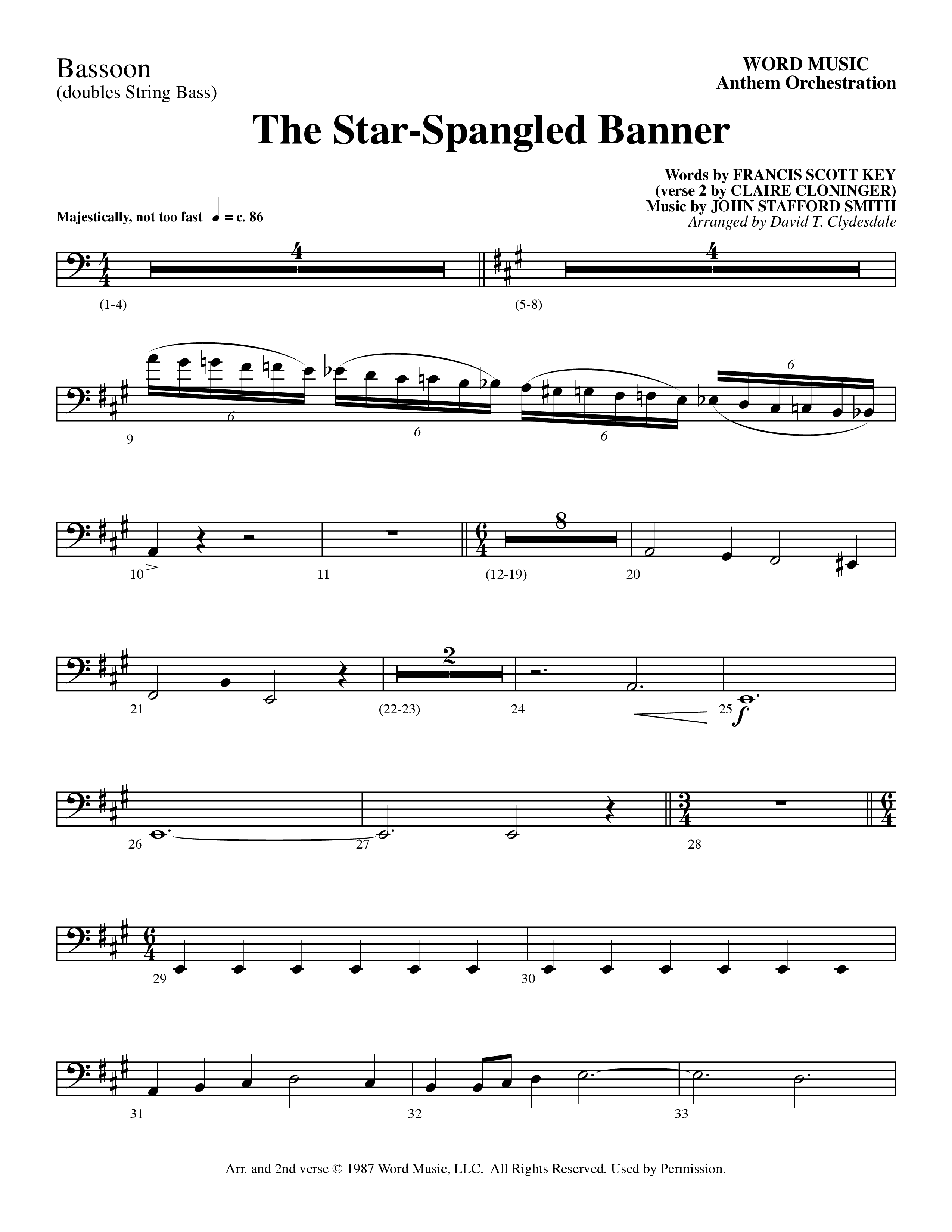 The Star-Spangled Banner (Choral Anthem SATB) Bassoon (Word Music Choral / Arr. David Clydesdale)