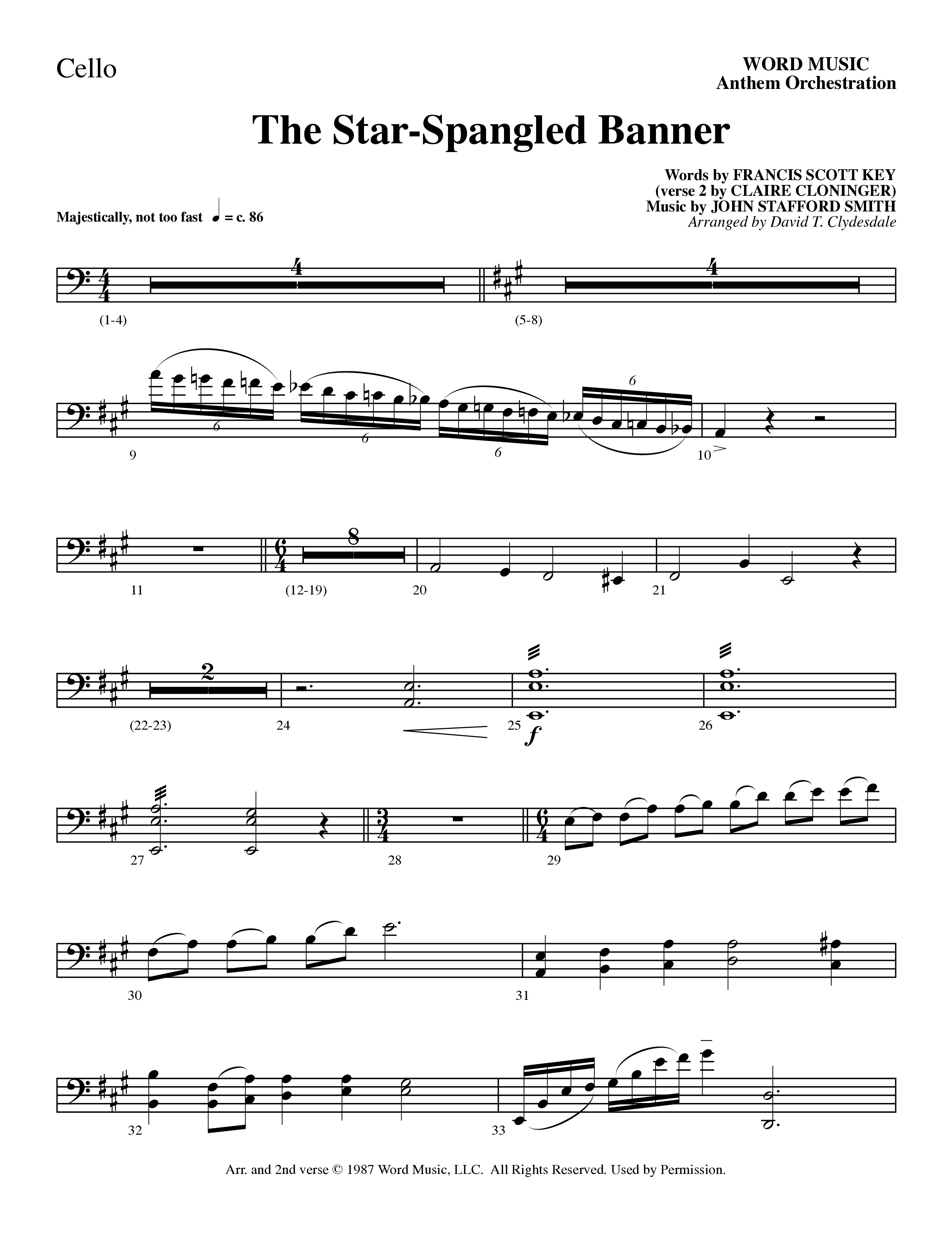 The Star-Spangled Banner (Choral Anthem SATB) Cello (Word Music Choral / Arr. David Clydesdale)