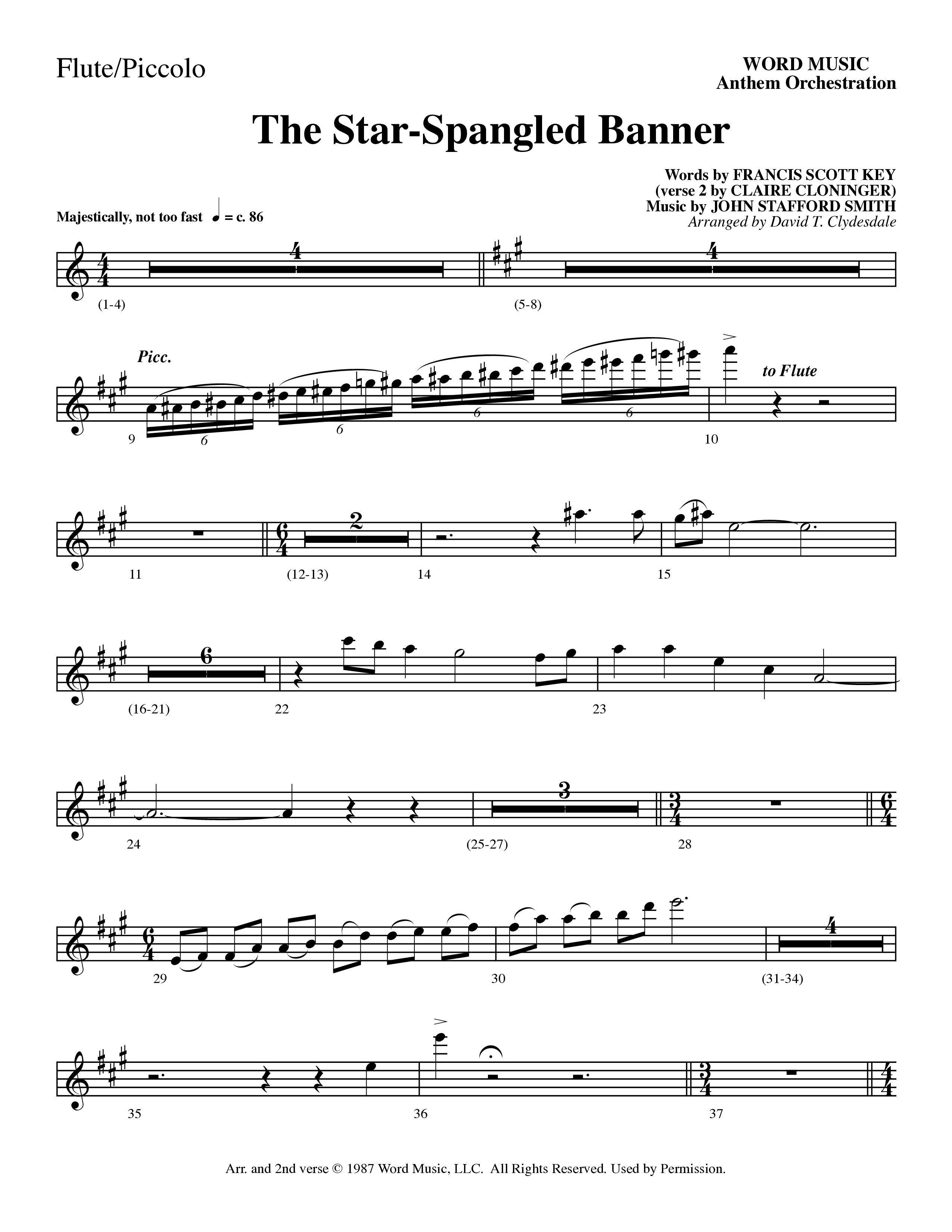 The Star-Spangled Banner (Choral Anthem SATB) Flute/Piccolo (Word Music Choral / Arr. David Clydesdale)