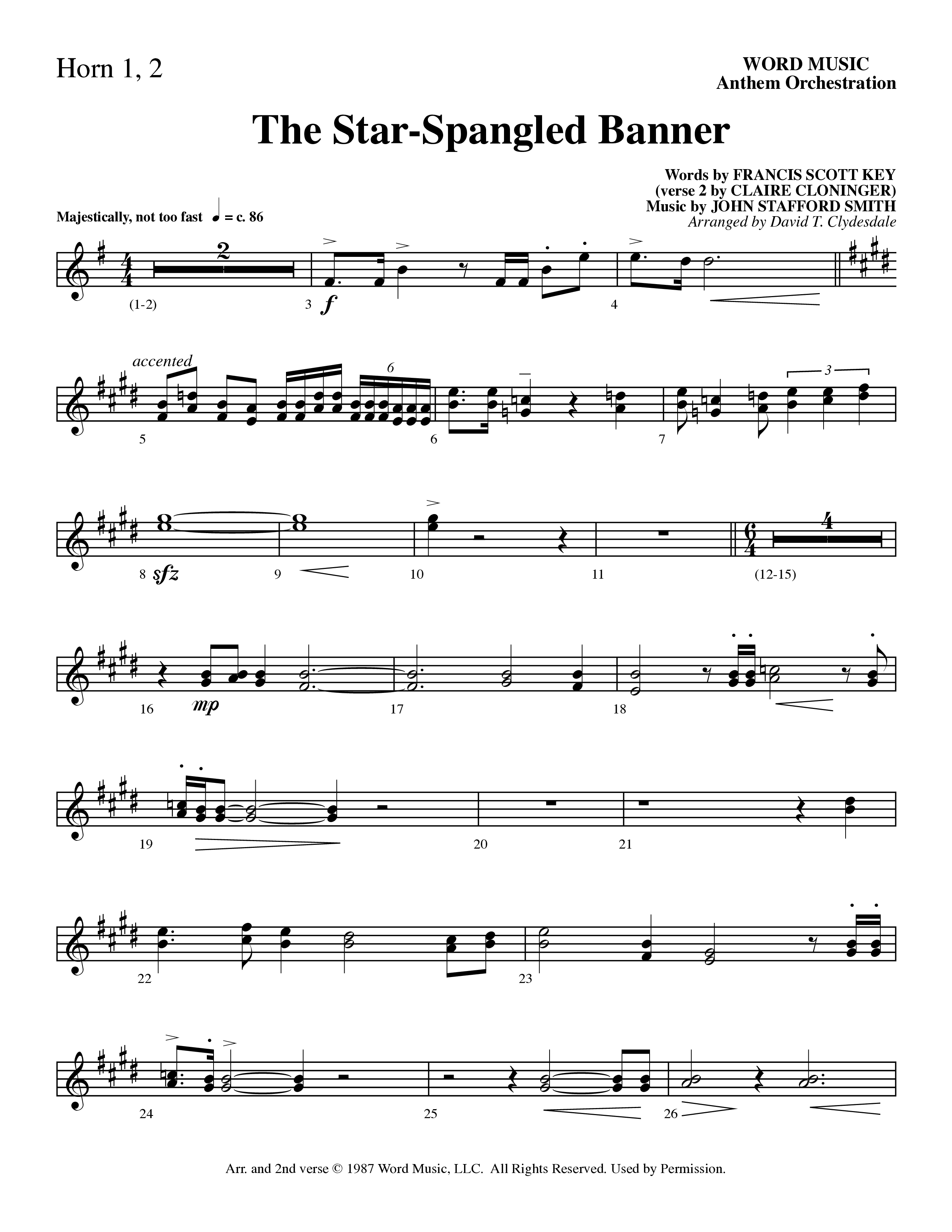 The Star-Spangled Banner (Choral Anthem SATB) French Horn 1/2 (Word Music Choral / Arr. David Clydesdale)