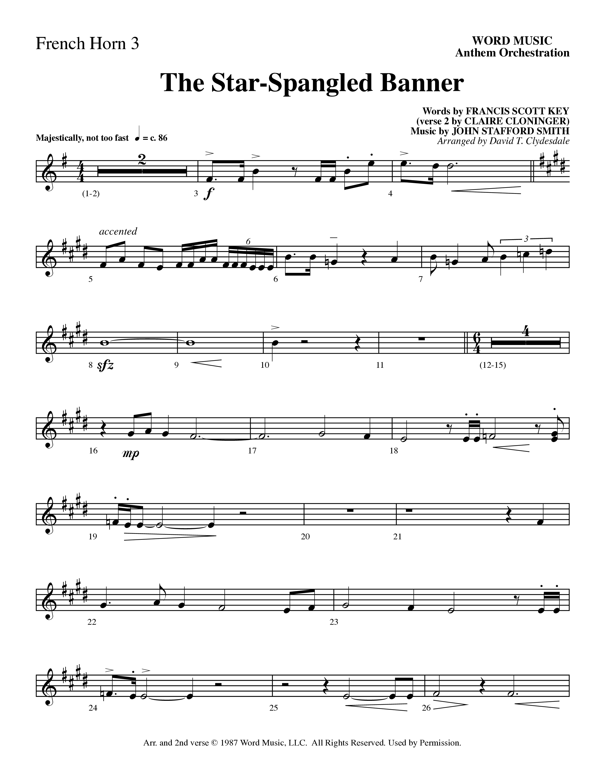 The Star-Spangled Banner (Choral Anthem SATB) French Horn 3 (Word Music Choral / Arr. David Clydesdale)