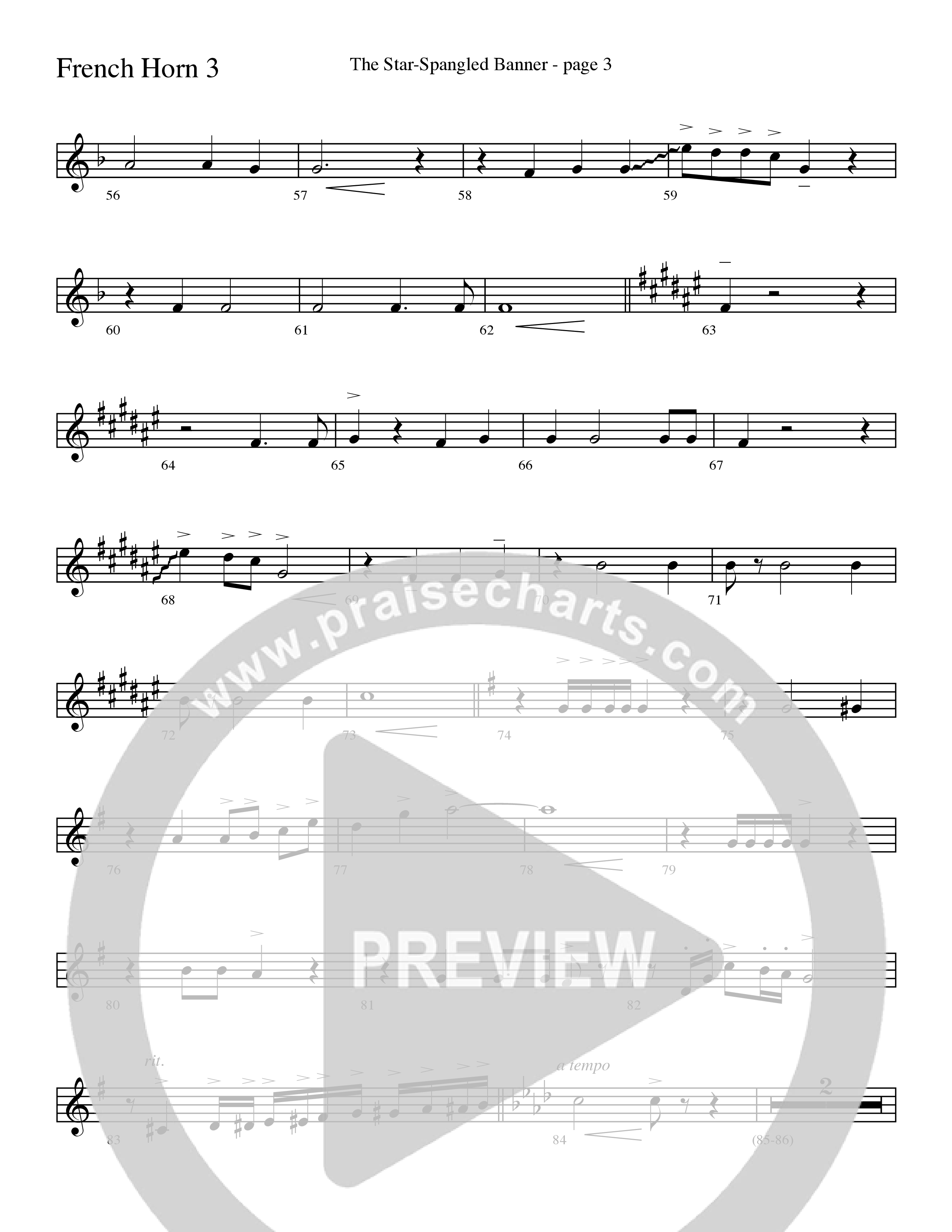 The Star-Spangled Banner (Choral Anthem SATB) French Horn 3 (Word Music Choral / Arr. David Clydesdale)