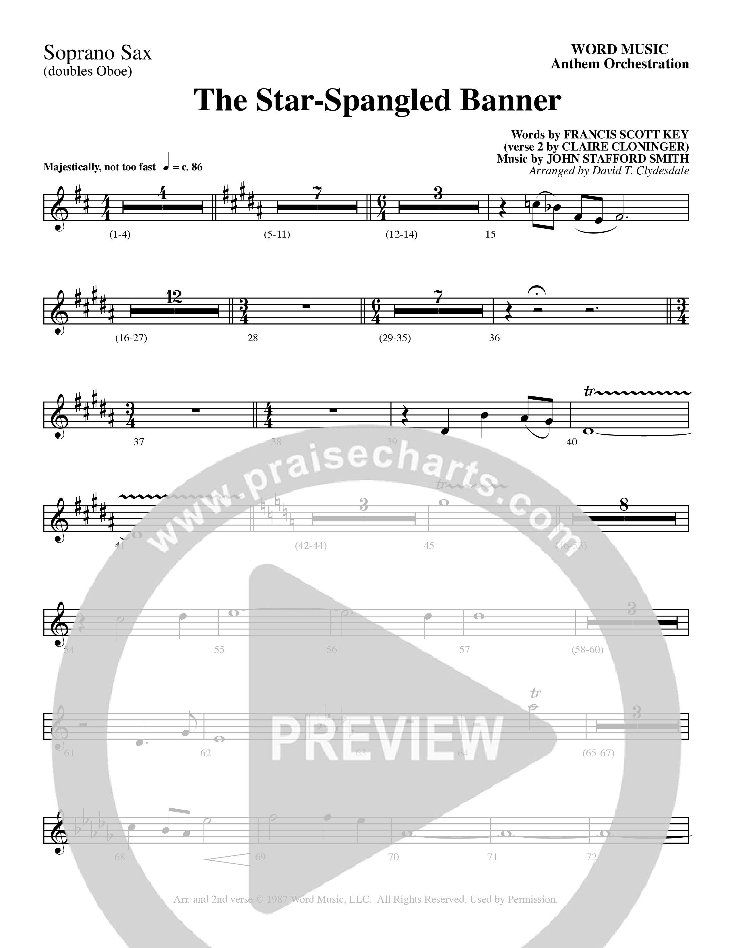 The Star-Spangled Banner (Choral Anthem SATB) Soprano Sax (Word Music Choral / Arr. David Clydesdale)