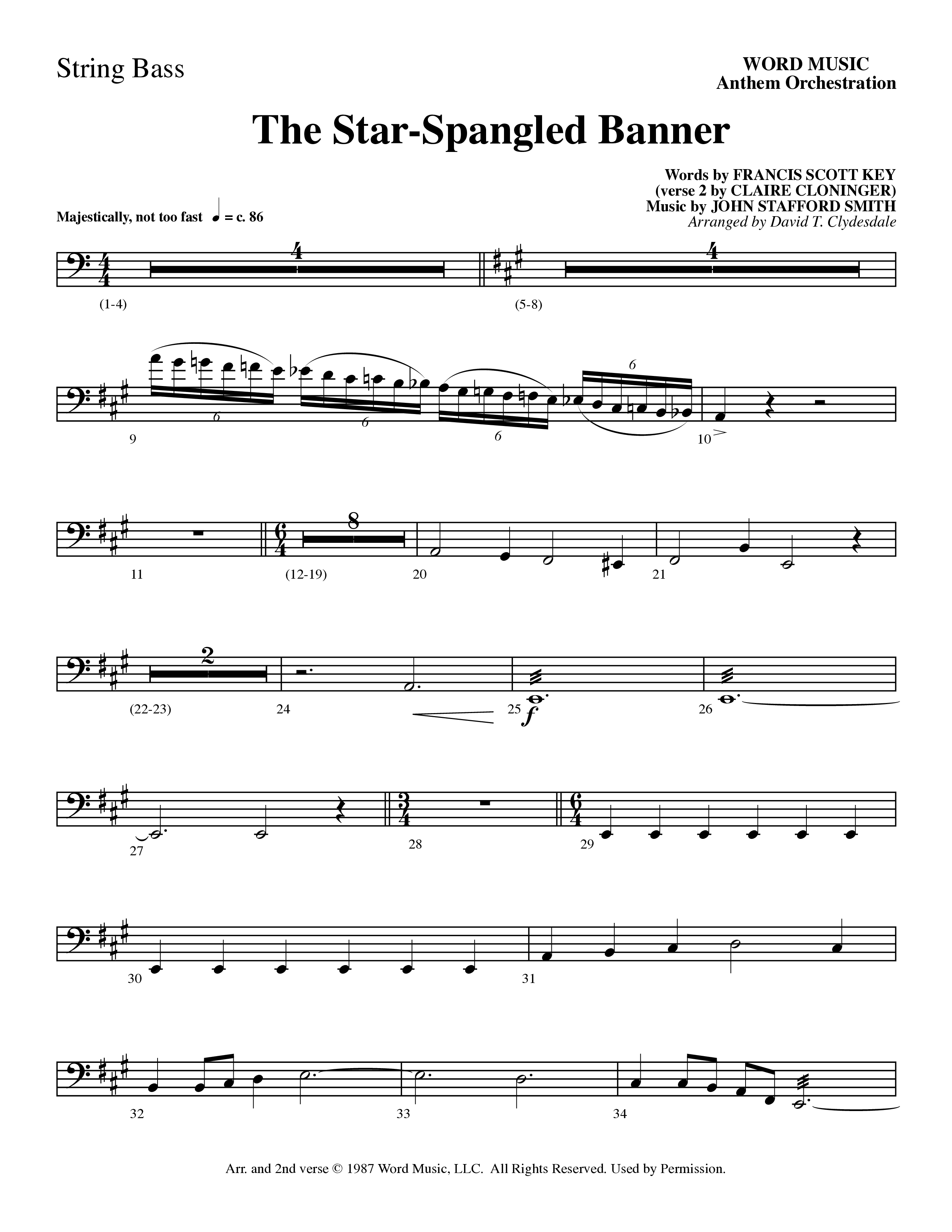 The Star-Spangled Banner (Choral Anthem SATB) String Bass (Word Music Choral / Arr. David Clydesdale)