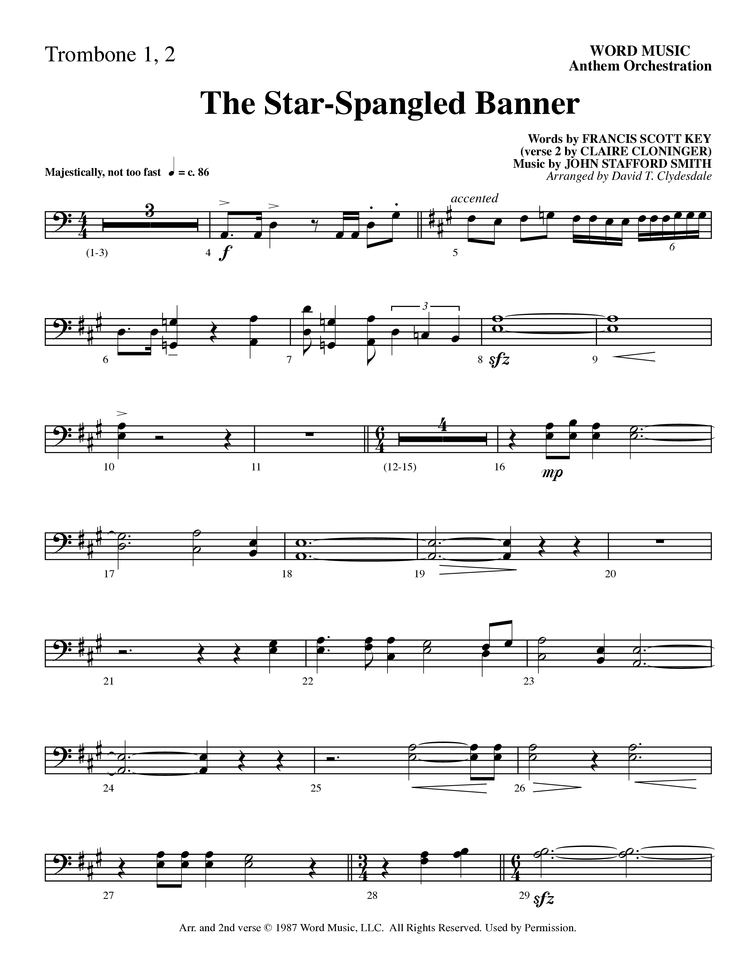 The Star-Spangled Banner (Choral Anthem SATB) Trombone 1/2 (Word Music Choral / Arr. David Clydesdale)