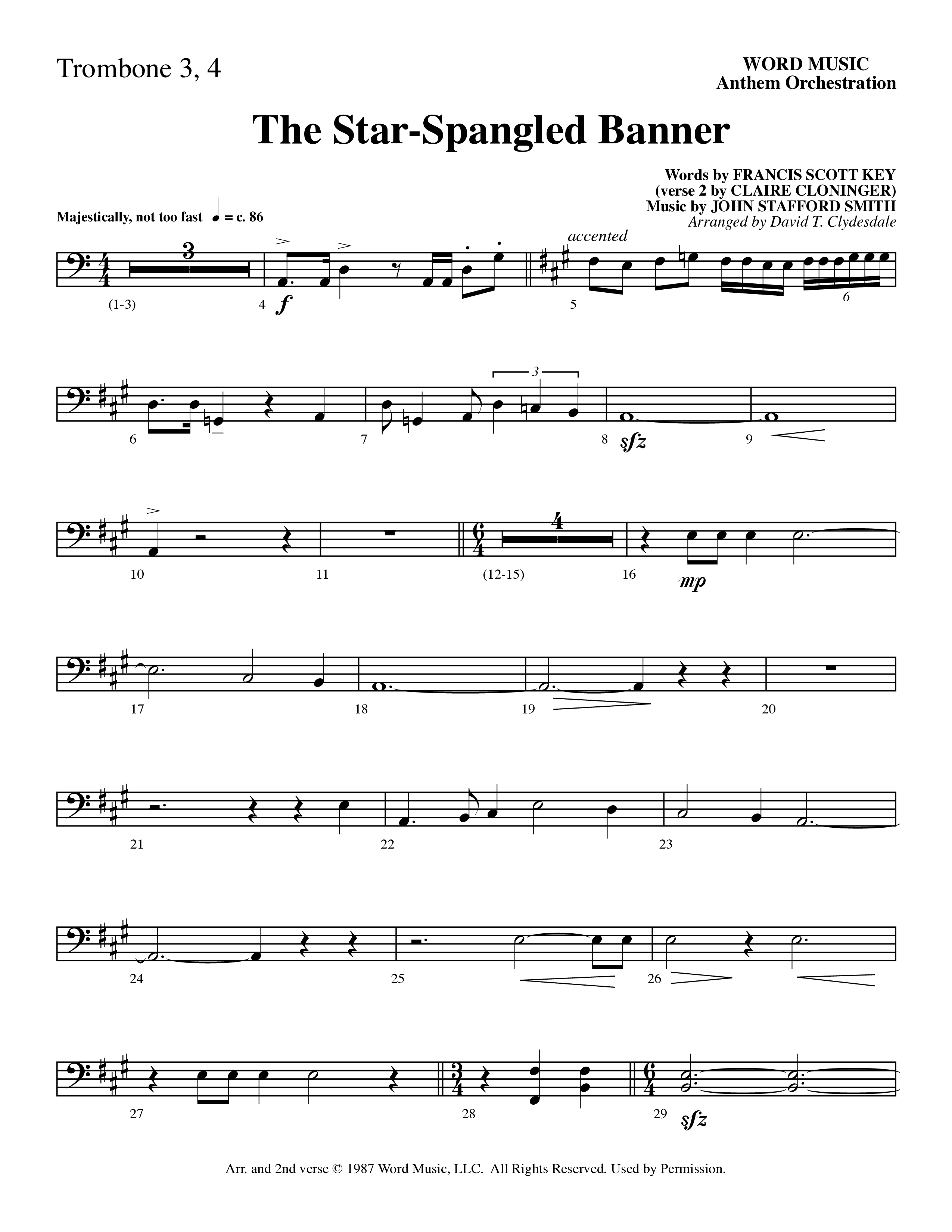 The Star-Spangled Banner (Choral Anthem SATB) Trombone 3/4 (Word Music Choral / Arr. David Clydesdale)