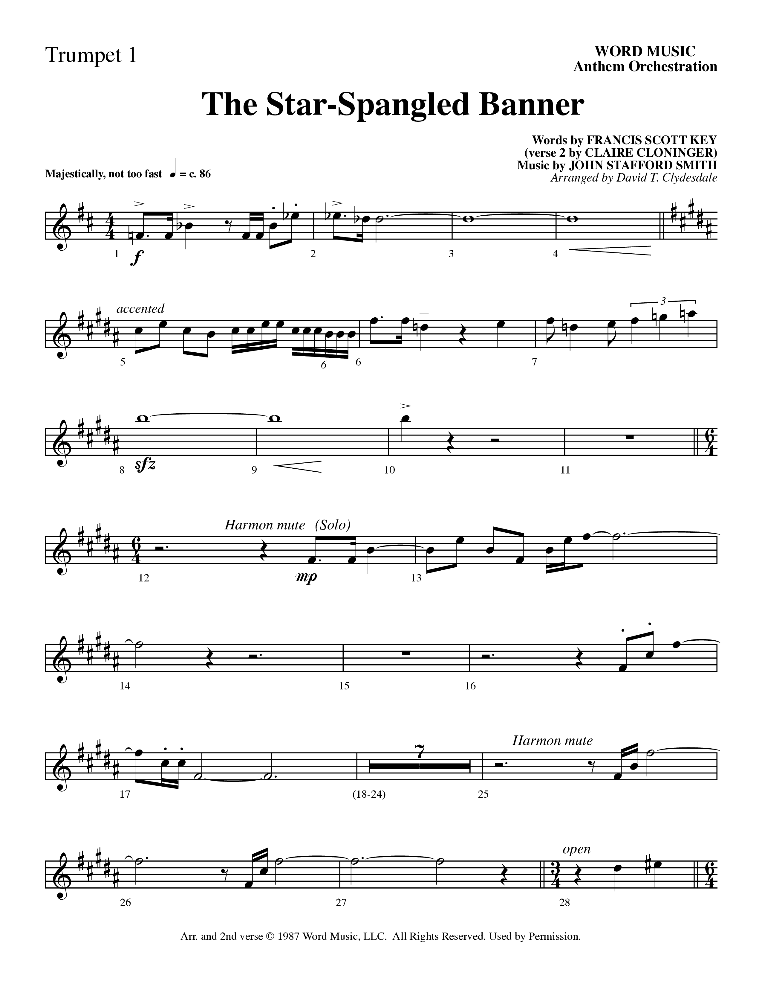The Star-Spangled Banner (Choral Anthem SATB) Trumpet 1 (Word Music Choral / Arr. David Clydesdale)