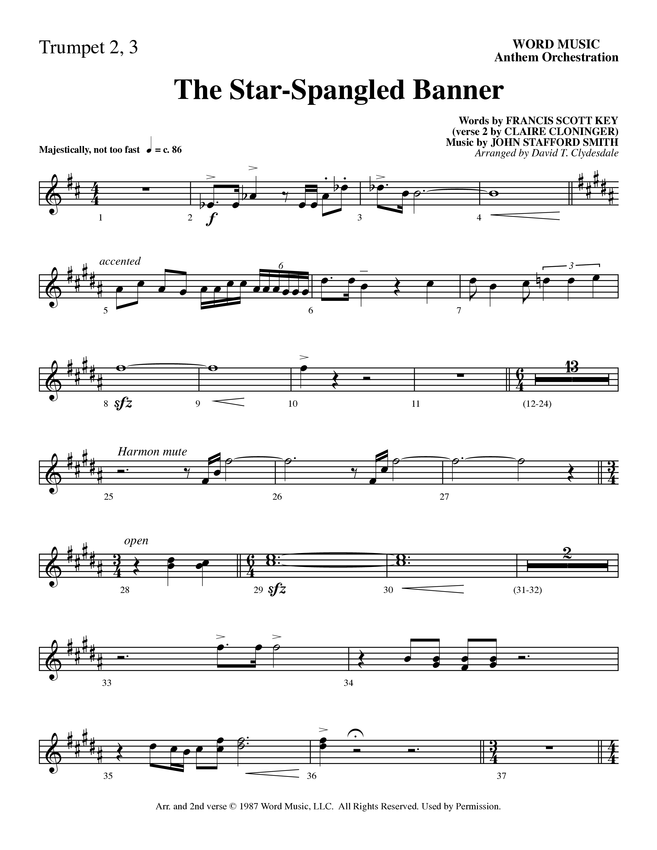 The Star-Spangled Banner (Choral Anthem SATB) Trumpet 2/3 (Word Music Choral / Arr. David Clydesdale)
