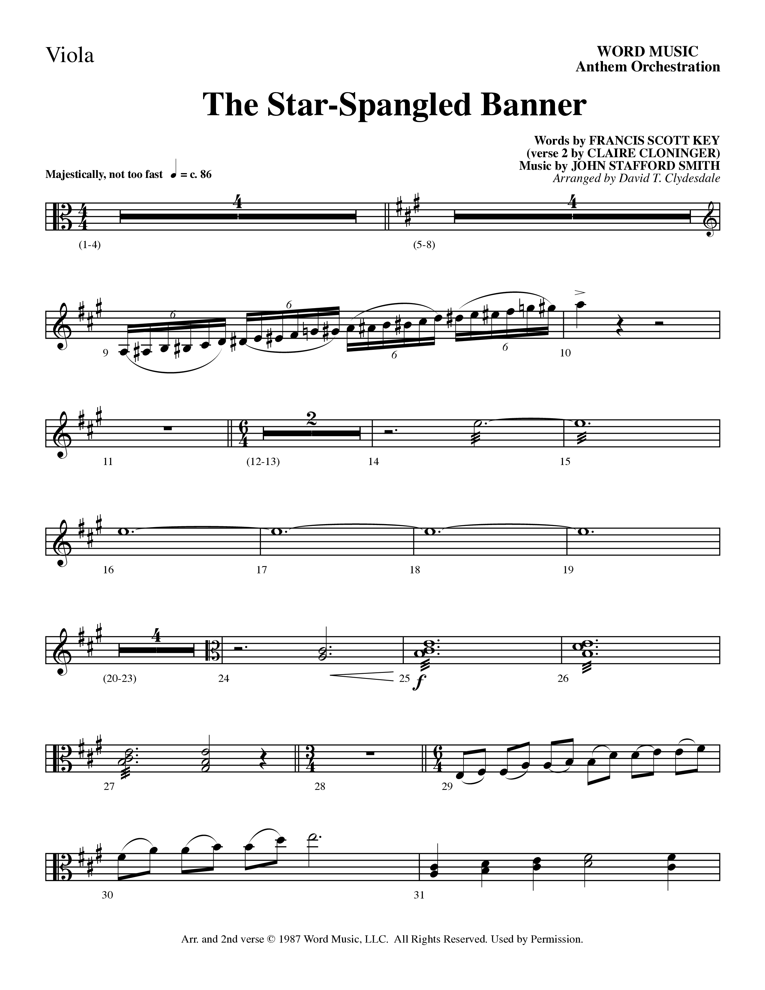 The Star-Spangled Banner (Choral Anthem SATB) Viola (Word Music Choral / Arr. David Clydesdale)